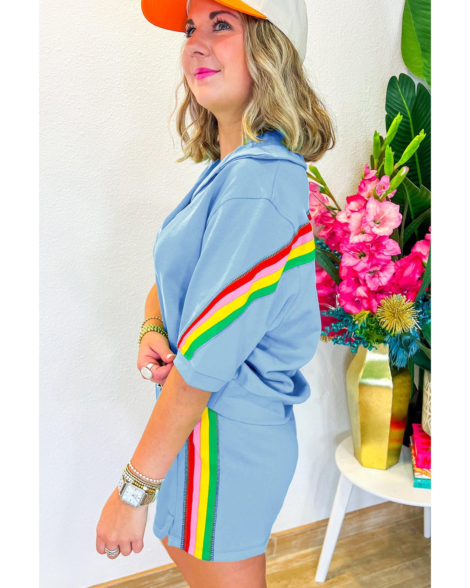 Sky Blue Rainbow Colorblock Collared Short Sleeve Top 2 Piece Shorts Set - M