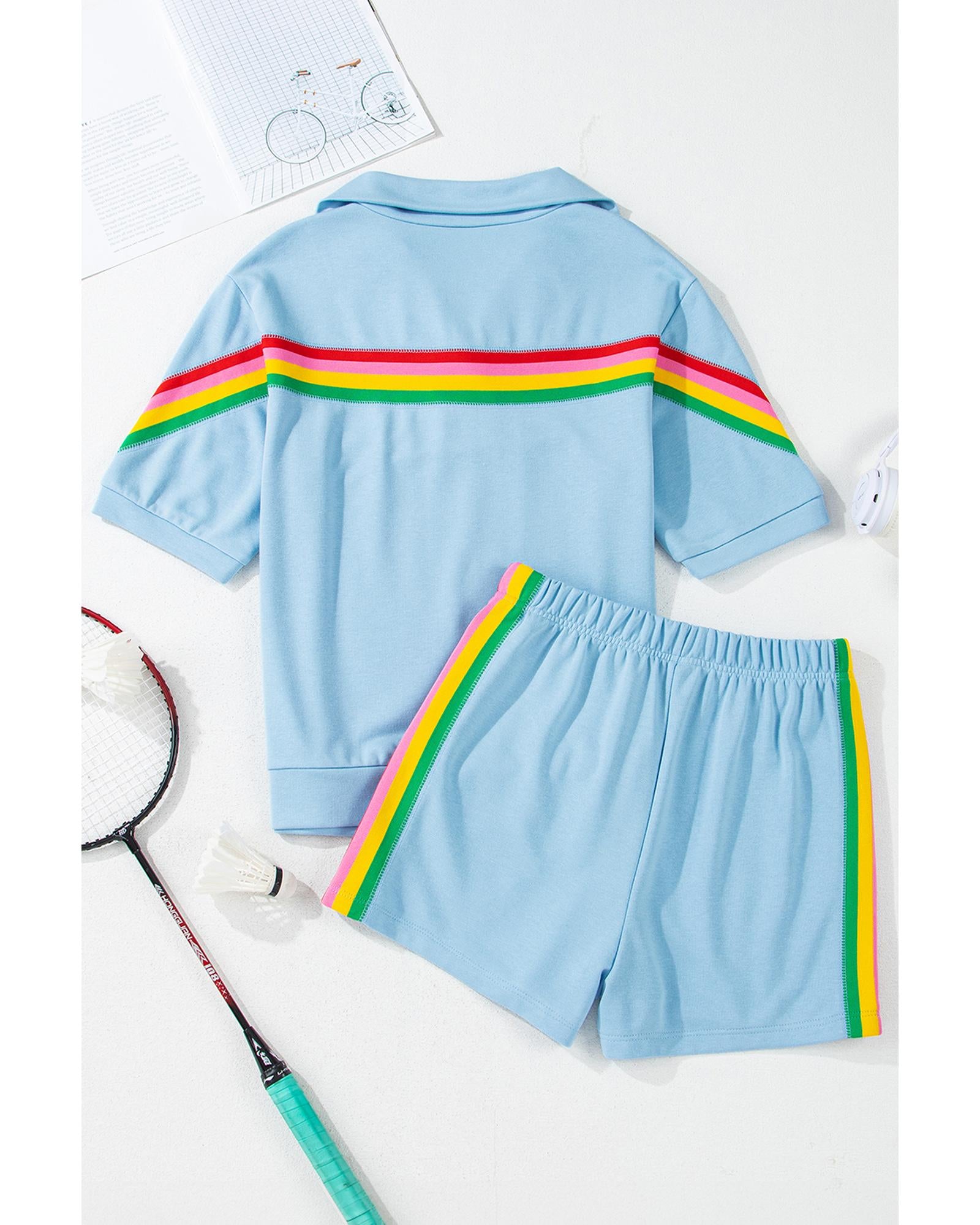 Sky Blue Rainbow Colorblock Collared Short Sleeve Top 2 Piece Shorts Set - M