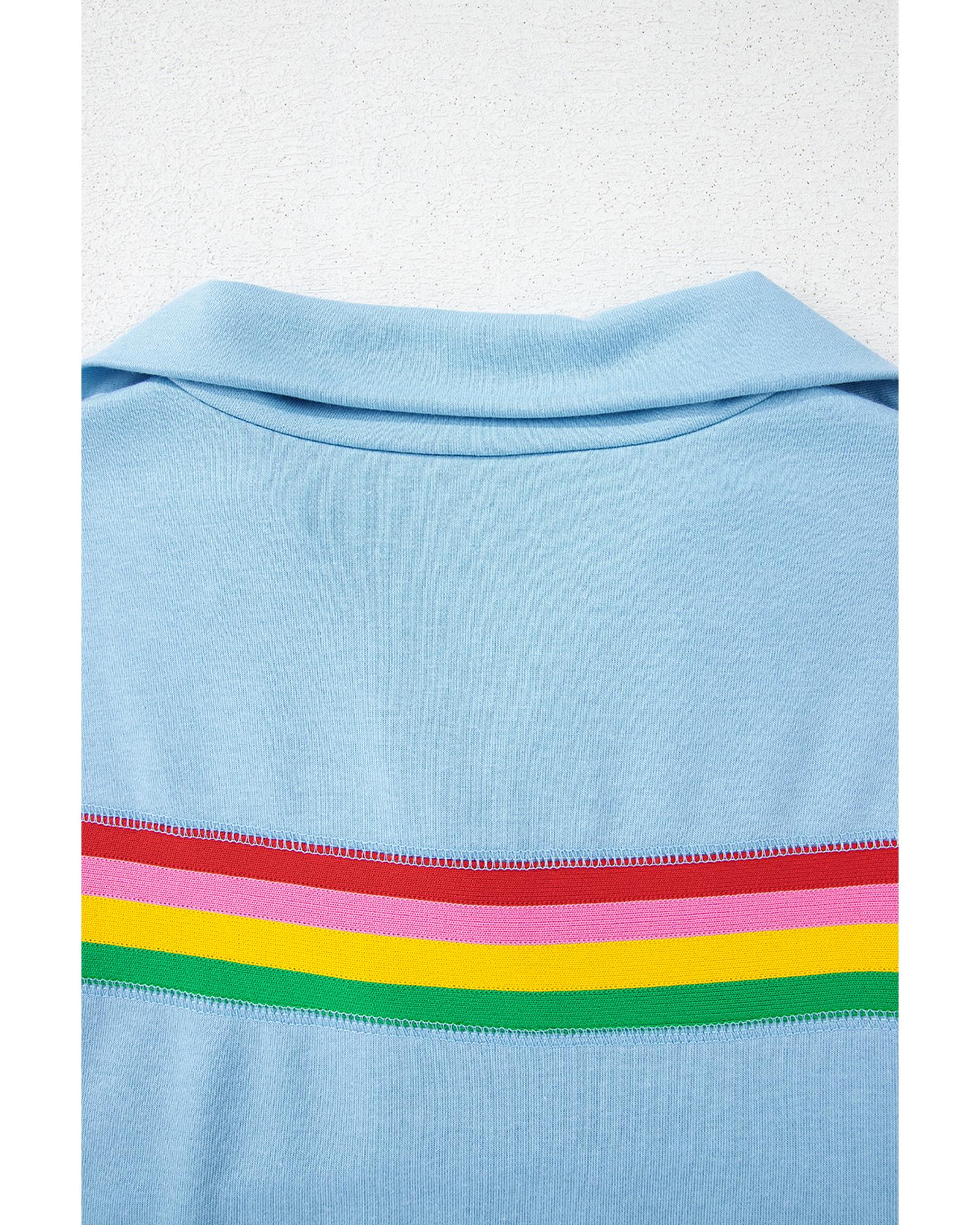 Sky Blue Rainbow Colorblock Collared Short Sleeve Top 2 Piece Shorts Set - M