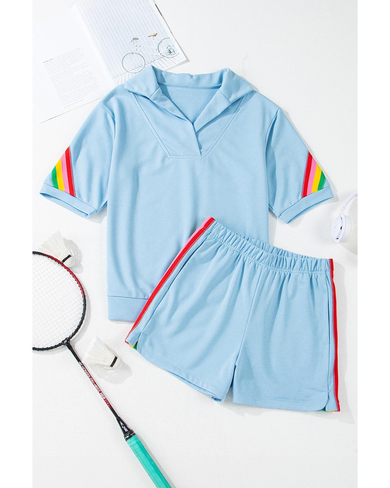 Sky Blue Rainbow Colorblock Collared Short Sleeve Top 2 Piece Shorts Set - XL