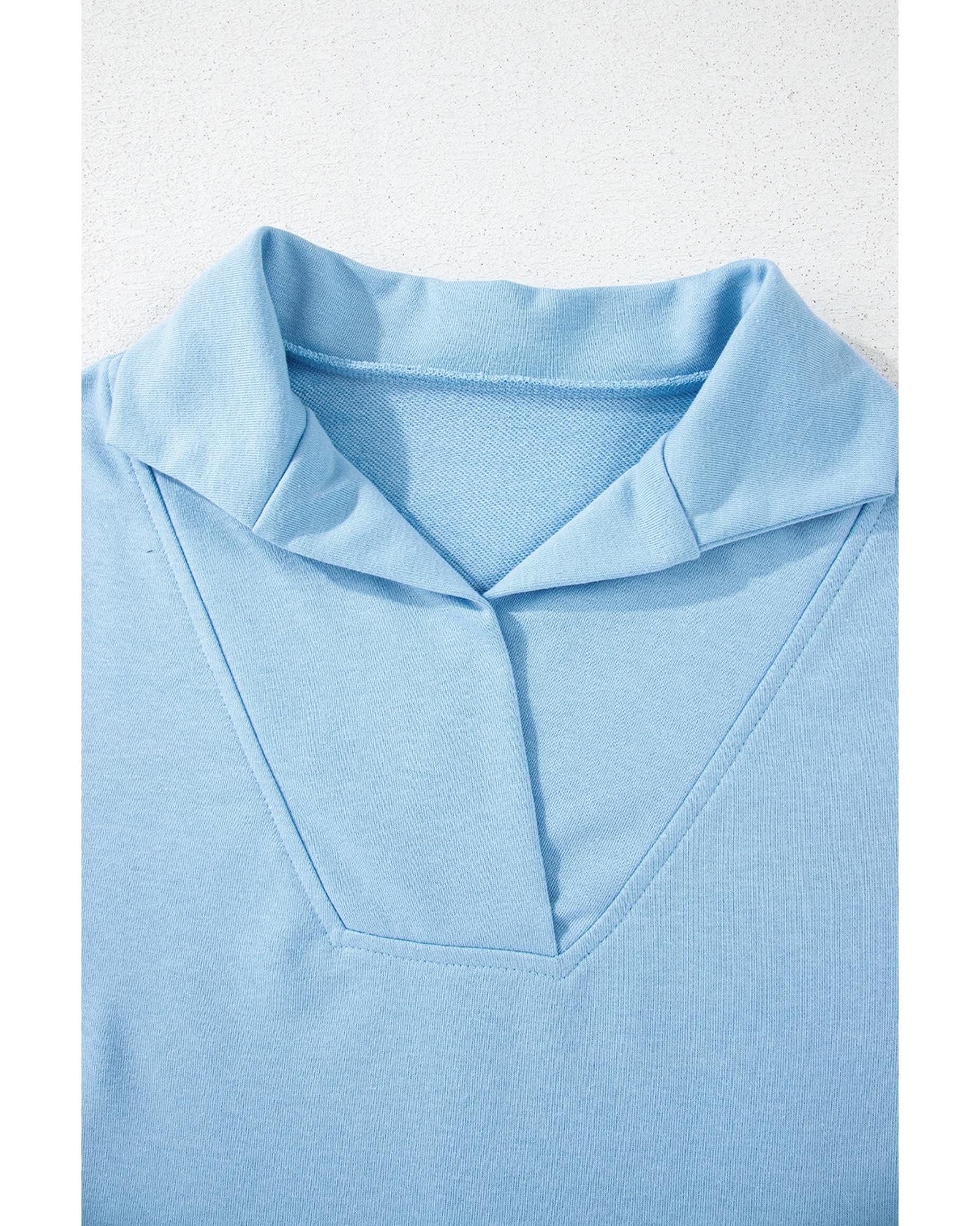 Sky Blue Rainbow Colorblock Collared Short Sleeve Top 2 Piece Shorts Set - XL