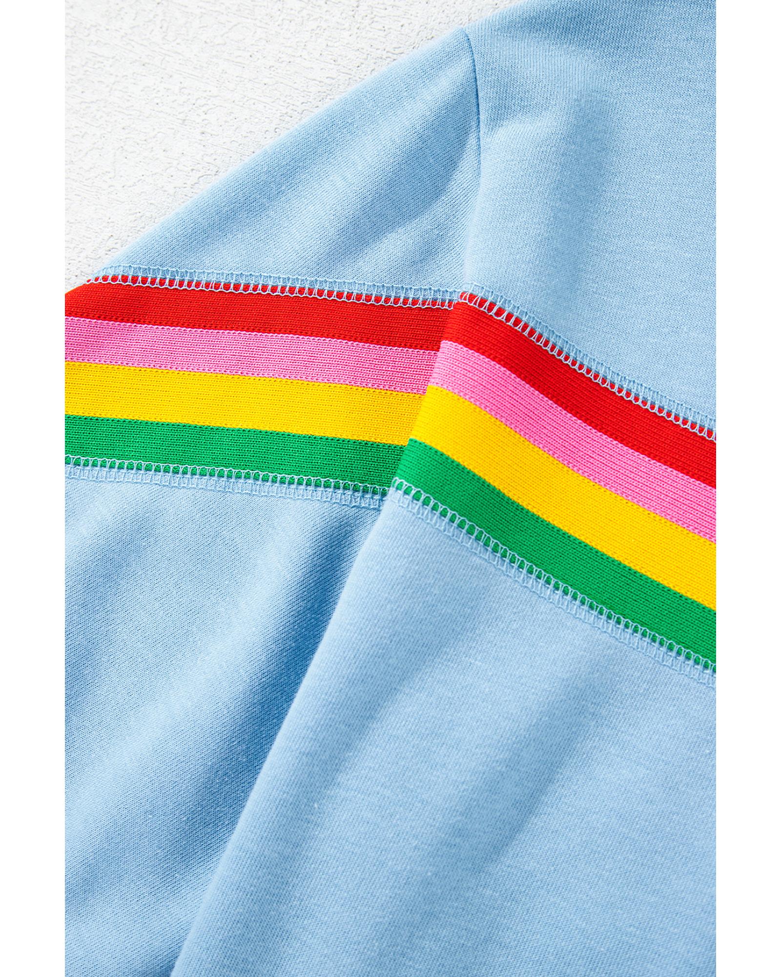 Sky Blue Rainbow Colorblock Collared Short Sleeve Top 2 Piece Shorts Set - XL