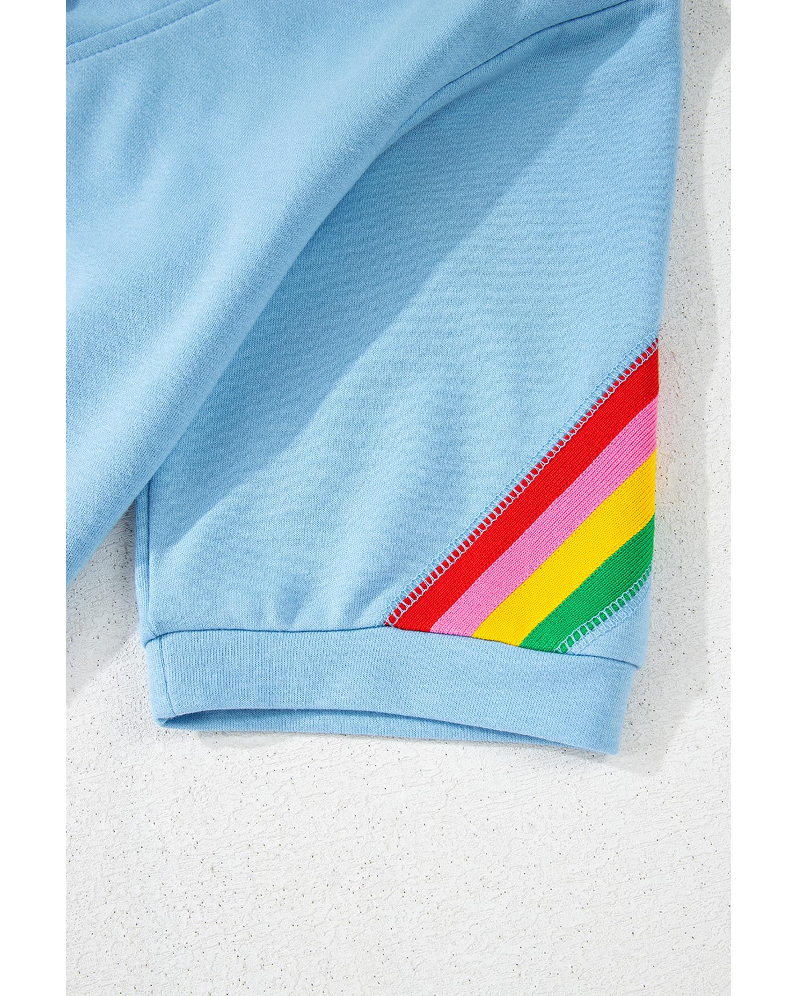 Sky Blue Rainbow Colorblock Collared Short Sleeve Top 2 Piece Shorts Set - XL