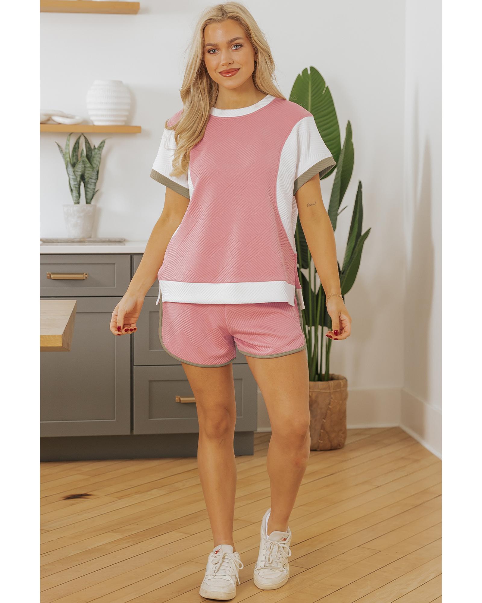 Pink Textured Colorblock Patchwork Tee Two Piece Shorts Set - L