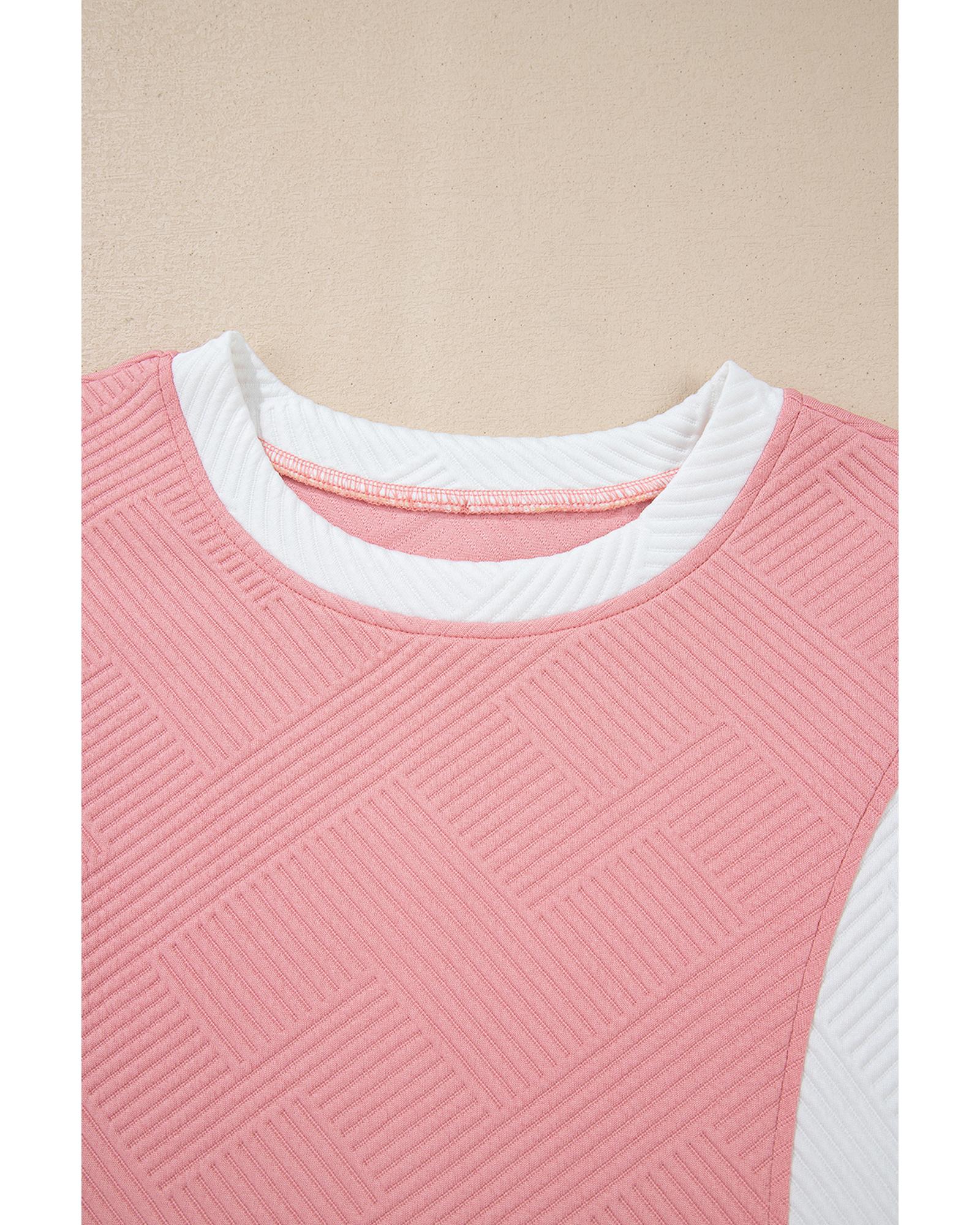 Pink Textured Colorblock Patchwork Tee Two Piece Shorts Set - L