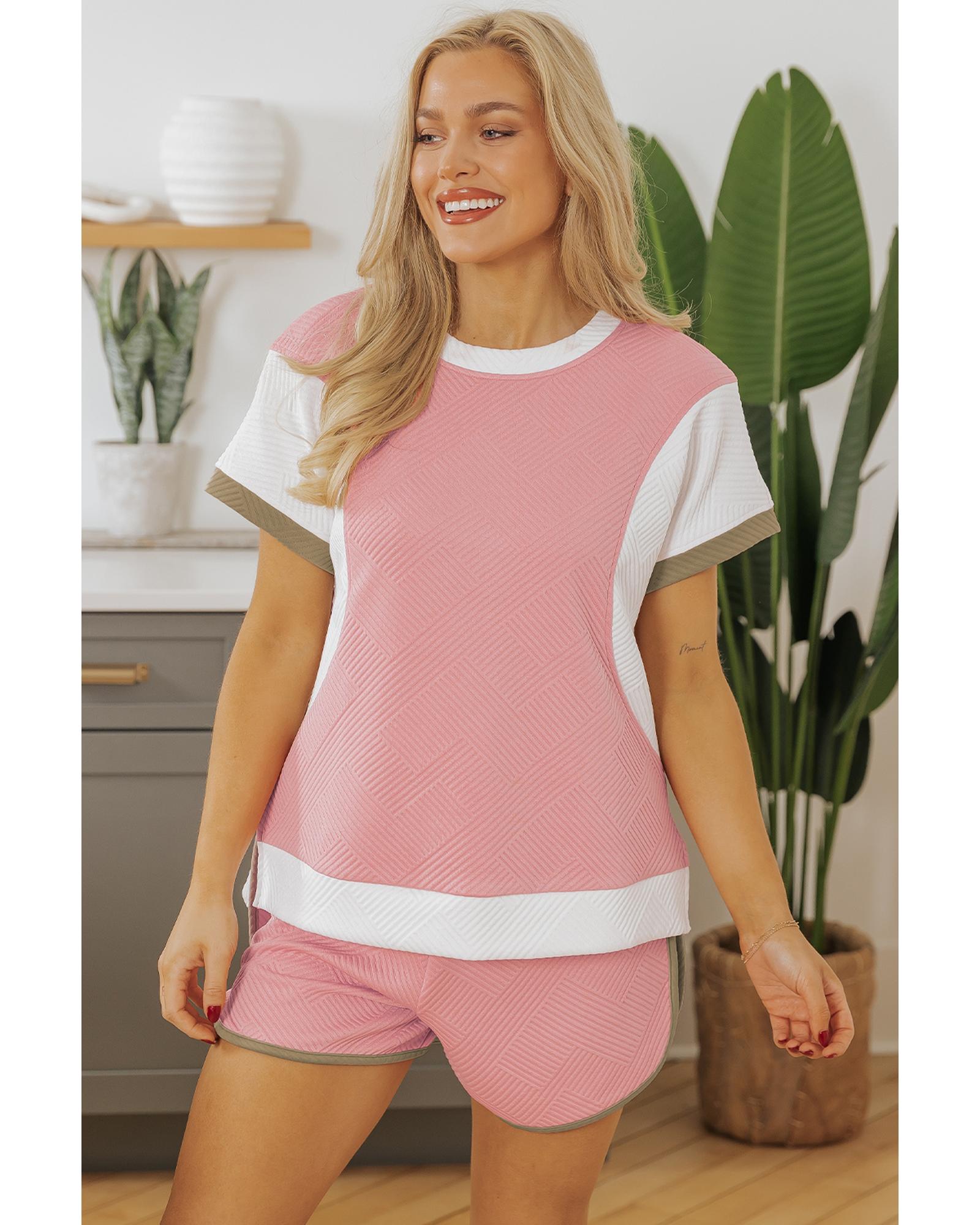 Pink Textured Colorblock Patchwork Tee Two Piece Shorts Set - M