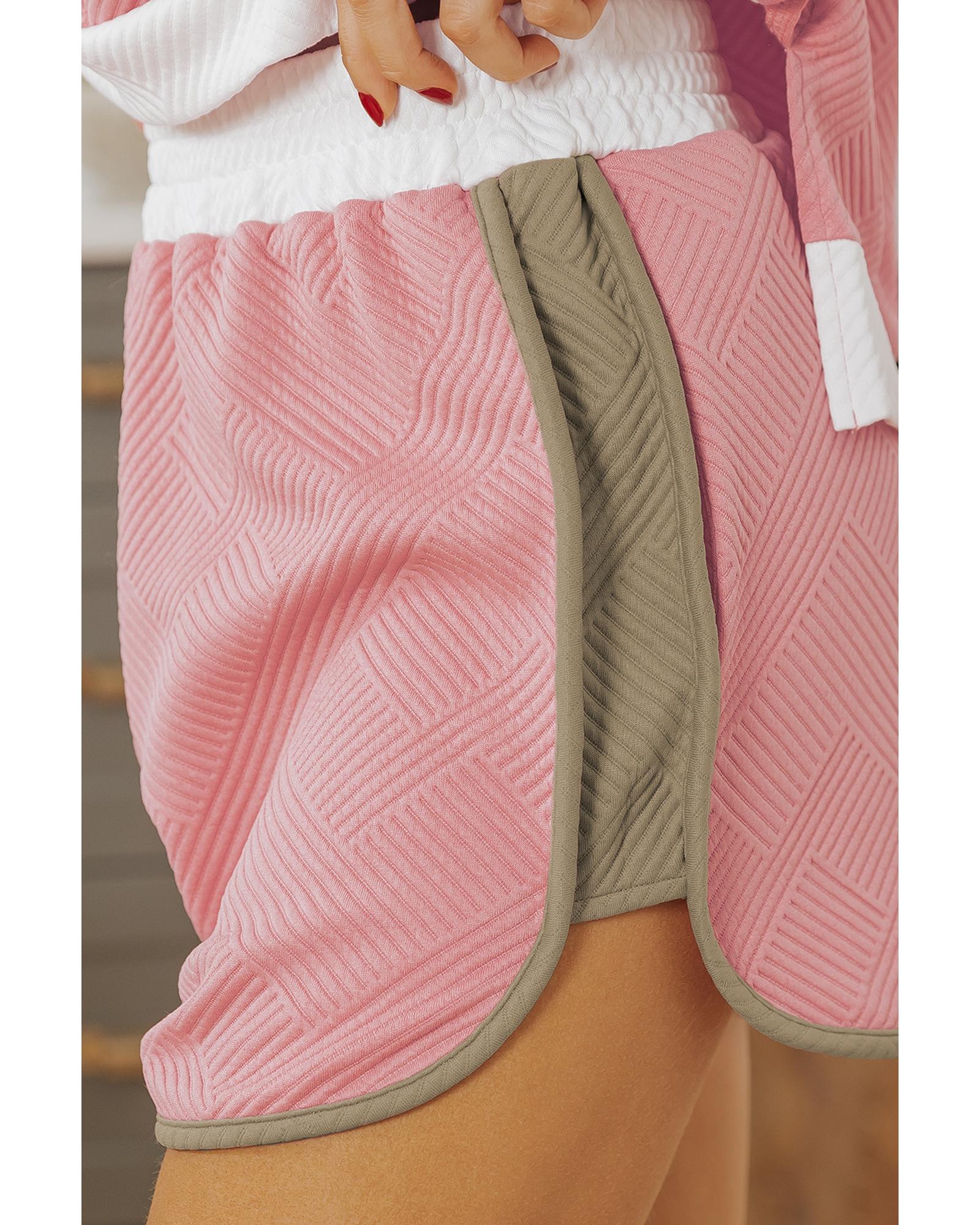 Pink Textured Colorblock Patchwork Tee Two Piece Shorts Set - M