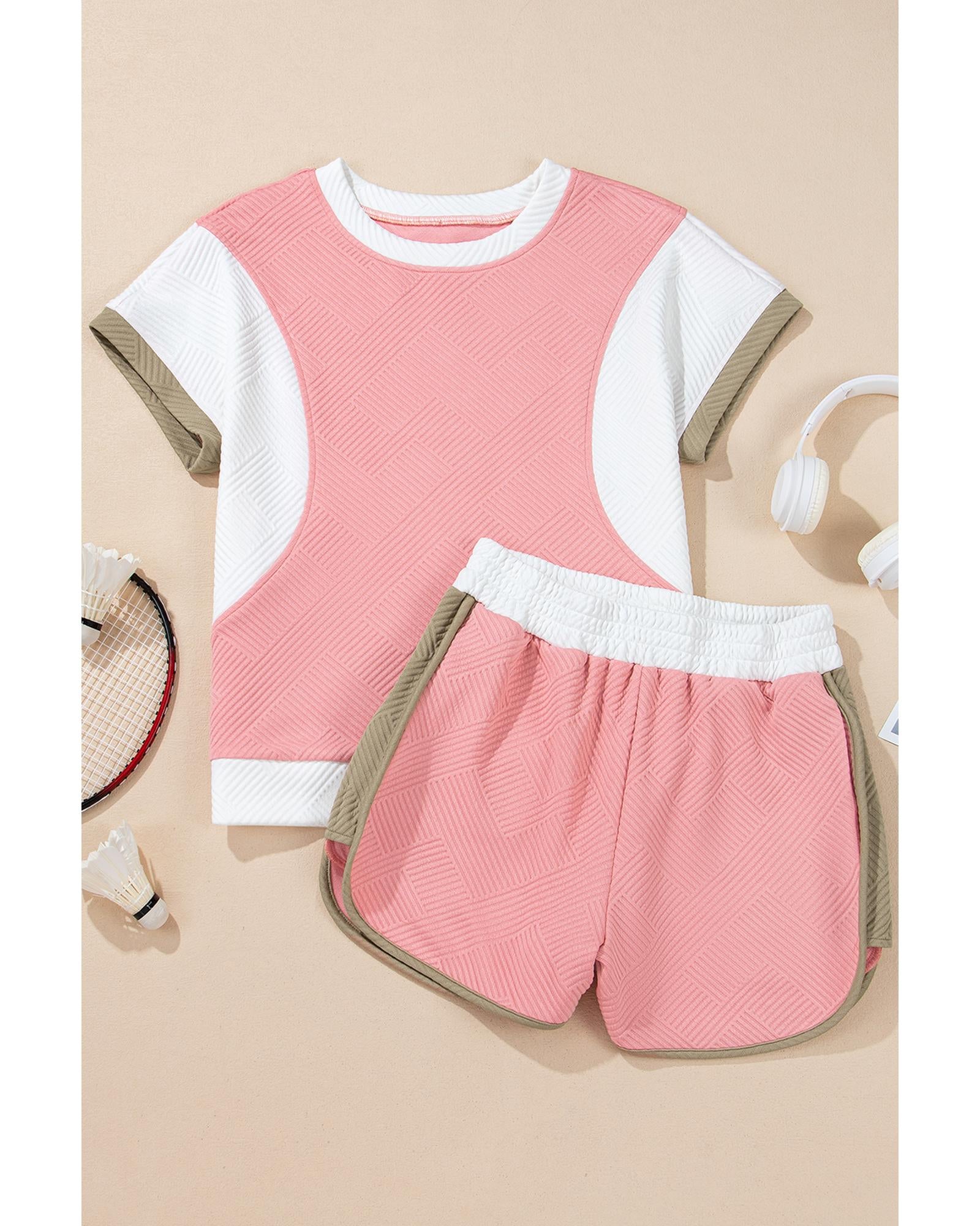 Pink Textured Colorblock Patchwork Tee Two Piece Shorts Set - M