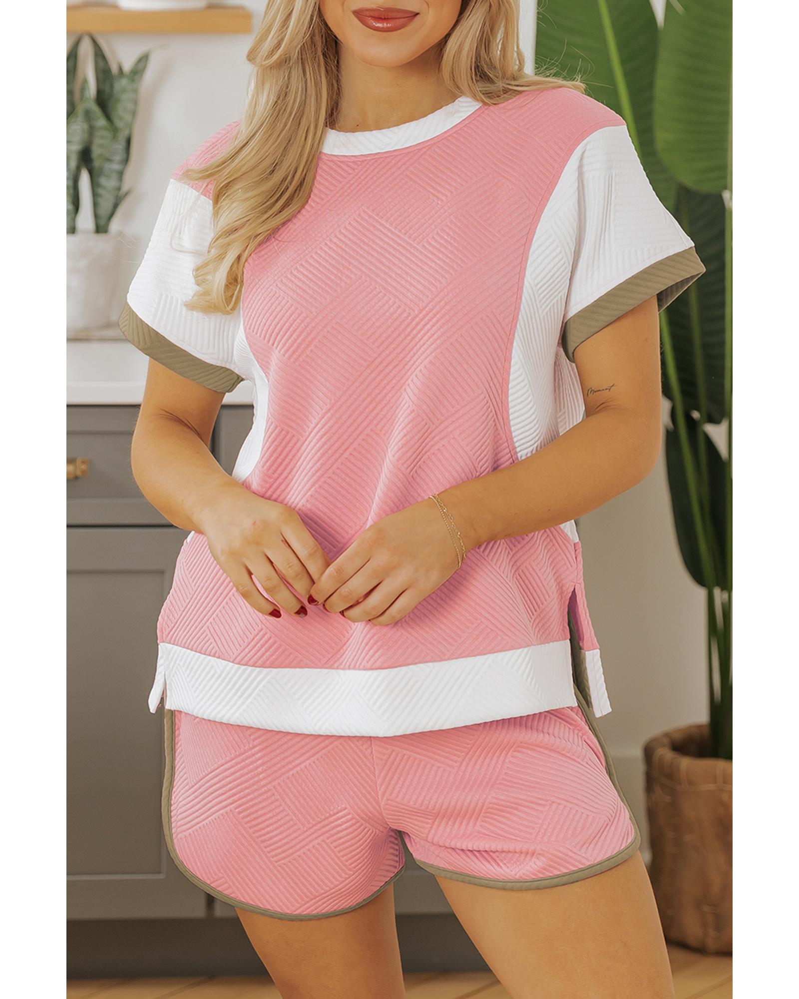 Pink Textured Colorblock Patchwork Tee Two Piece Shorts Set - S