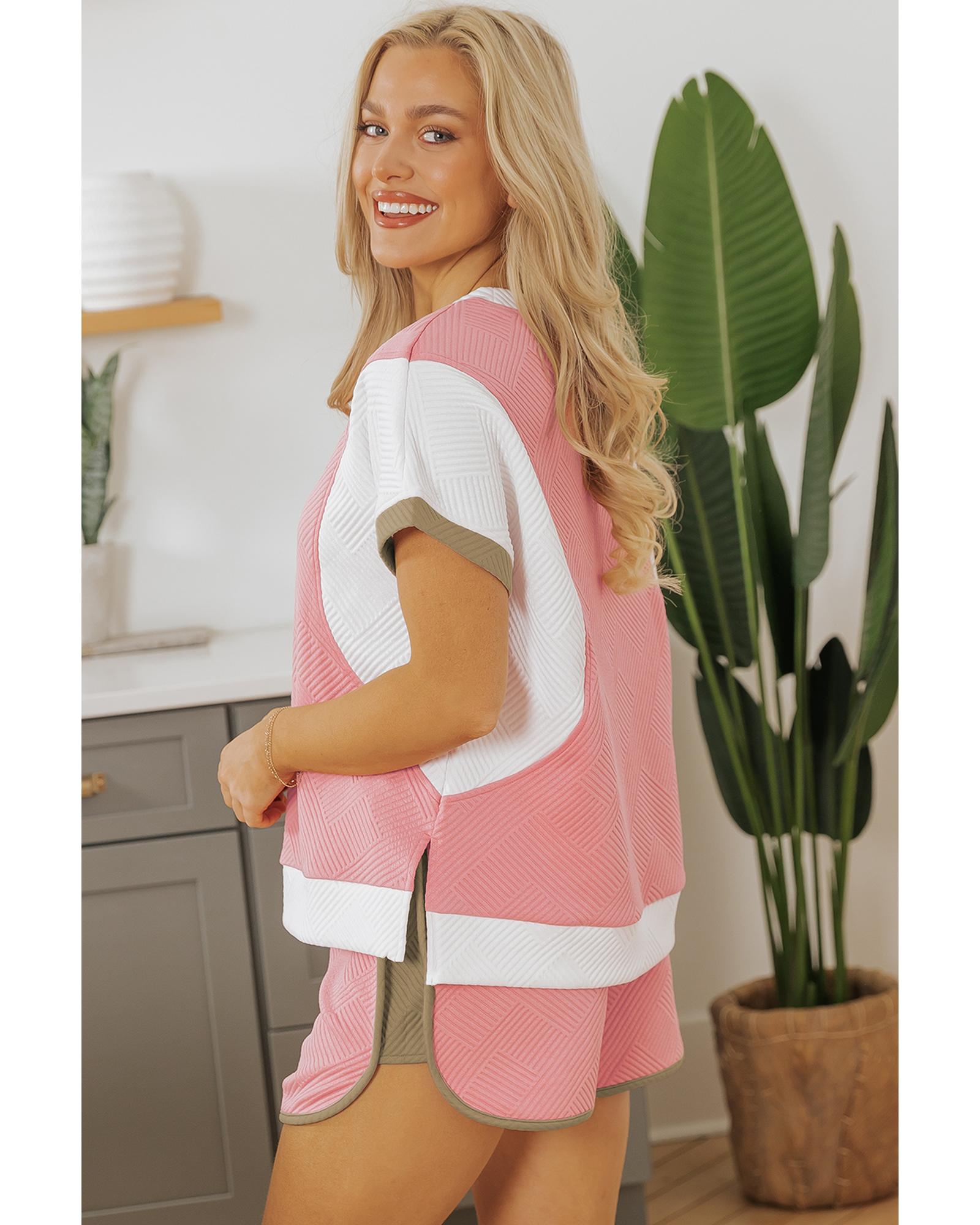 Pink Textured Colorblock Patchwork Tee Two Piece Shorts Set - XL