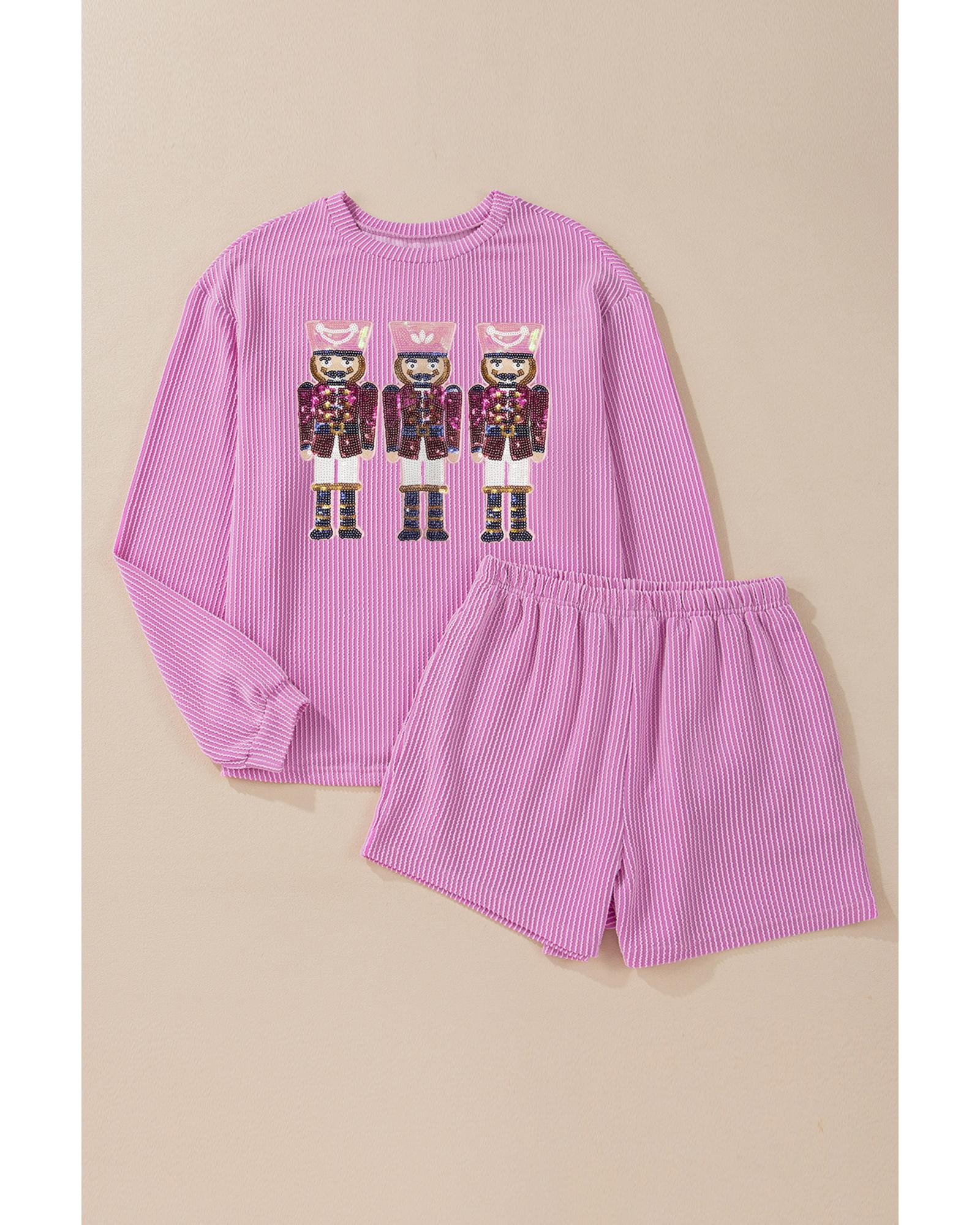 Phalaenopsis Sequin Nutcracker Patched Long Sleeve Corded Christmas Shorts Set - XL