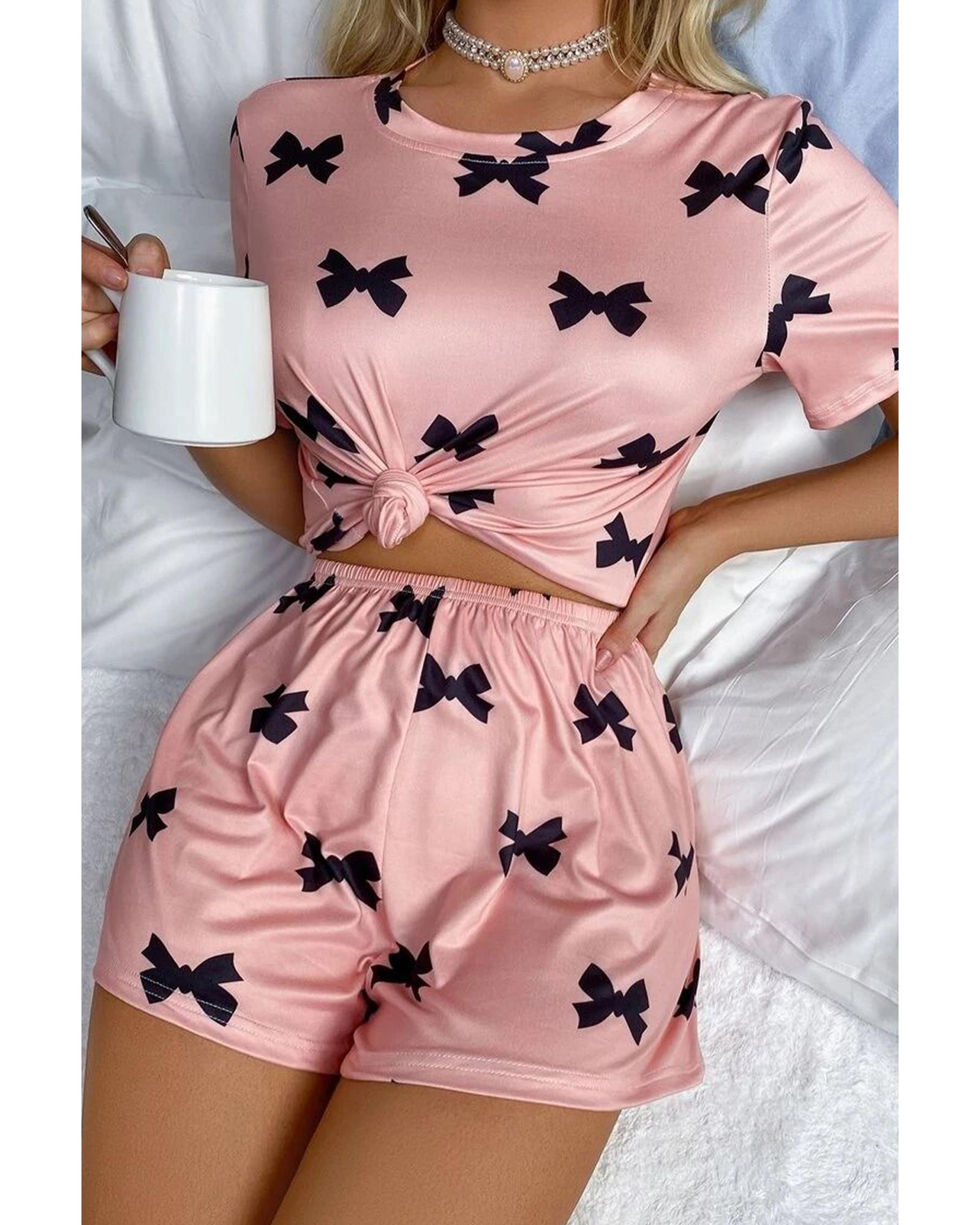 Pink Bow Printed Short 2pcs Lounge Set - L