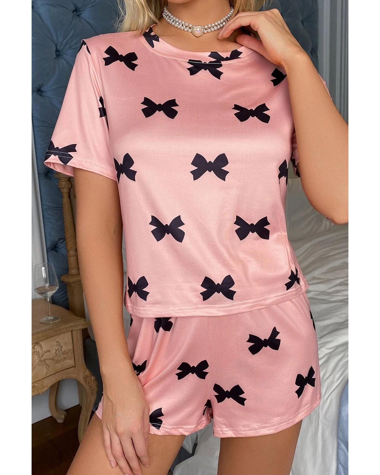 Pink Bow Printed Short 2pcs Lounge Set - L