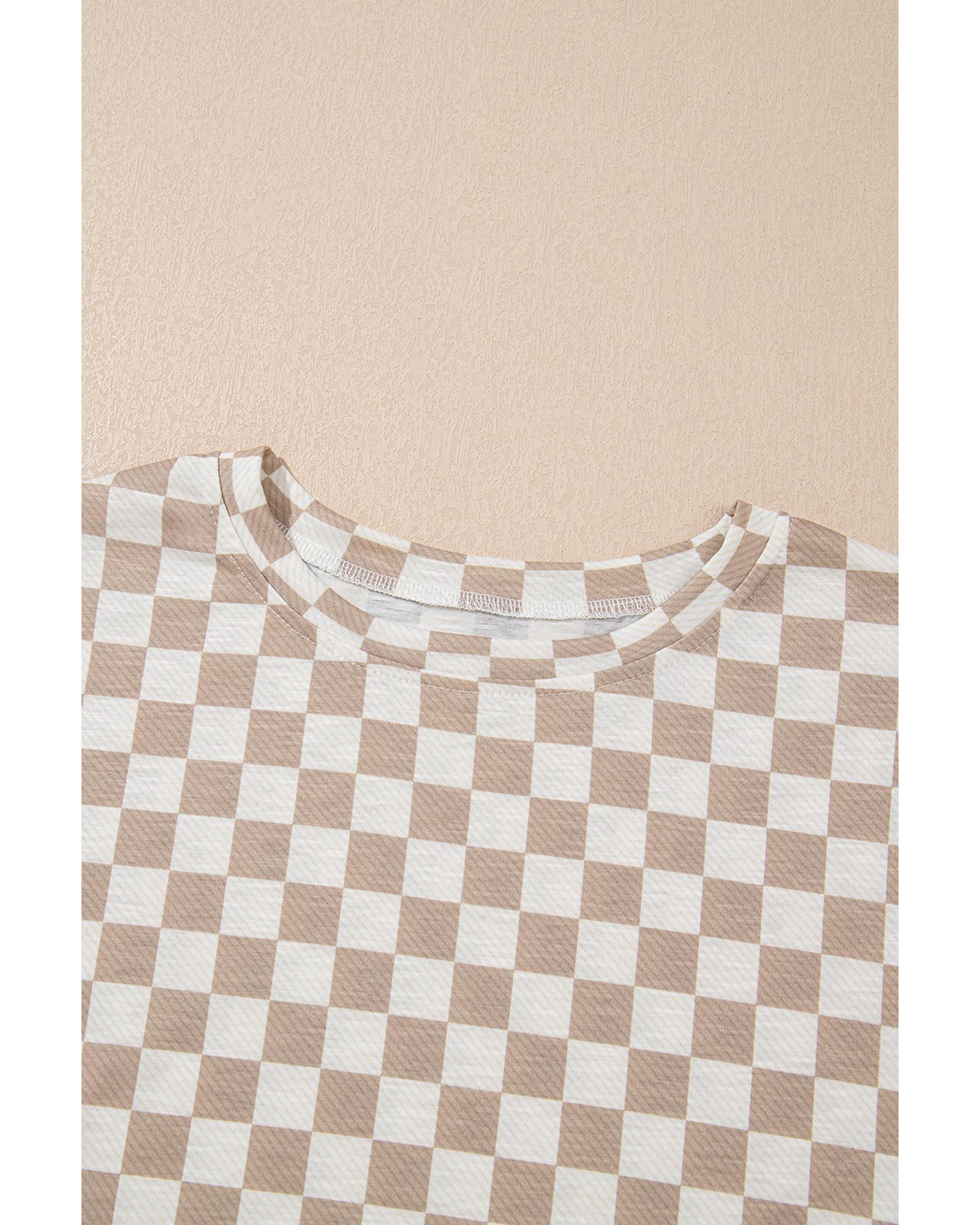 Brown Checkerboard T Shirt and High Waist Skorts 2 Piece Outfit - M