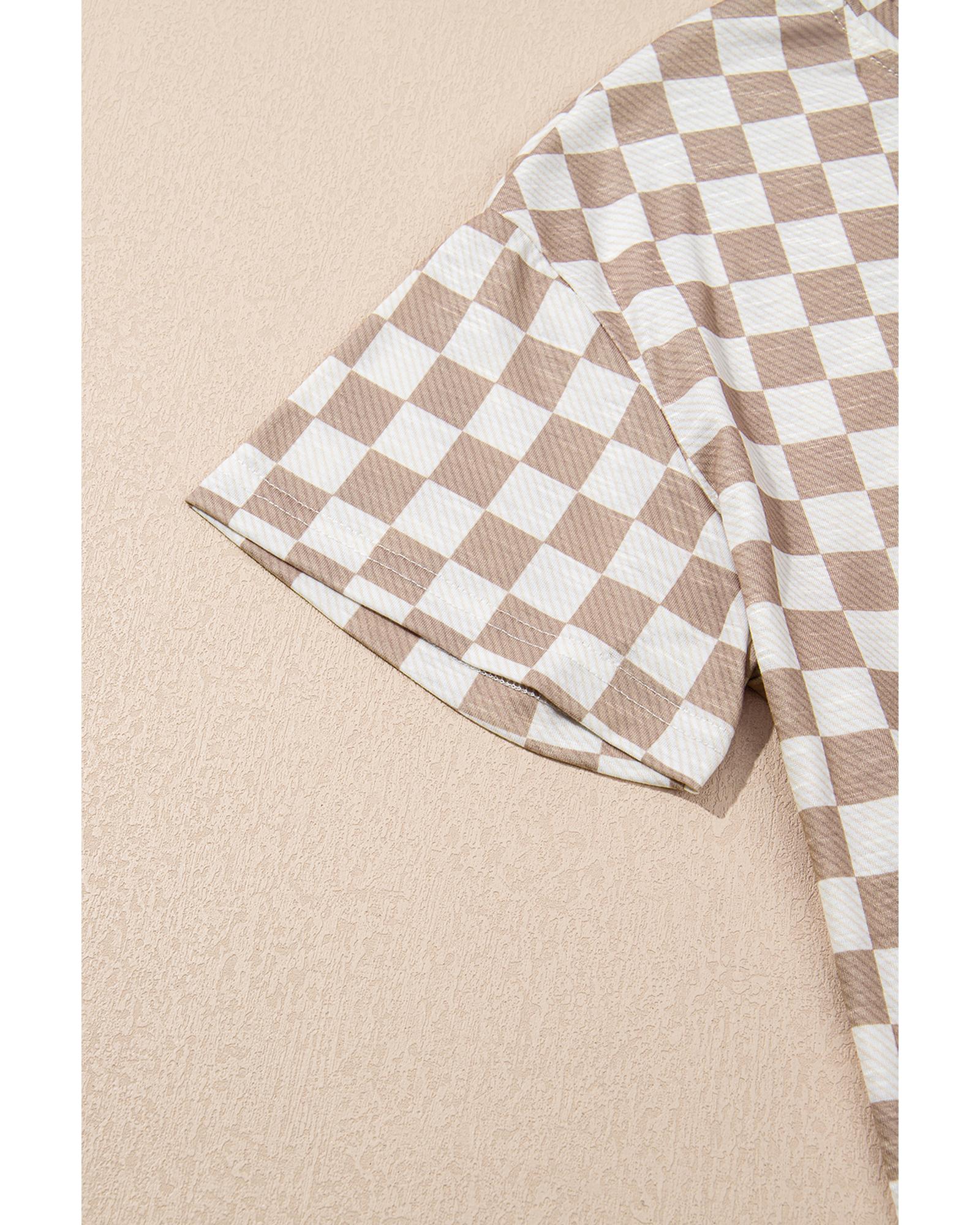 Brown Checkerboard T Shirt and High Waist Skorts 2 Piece Outfit - M