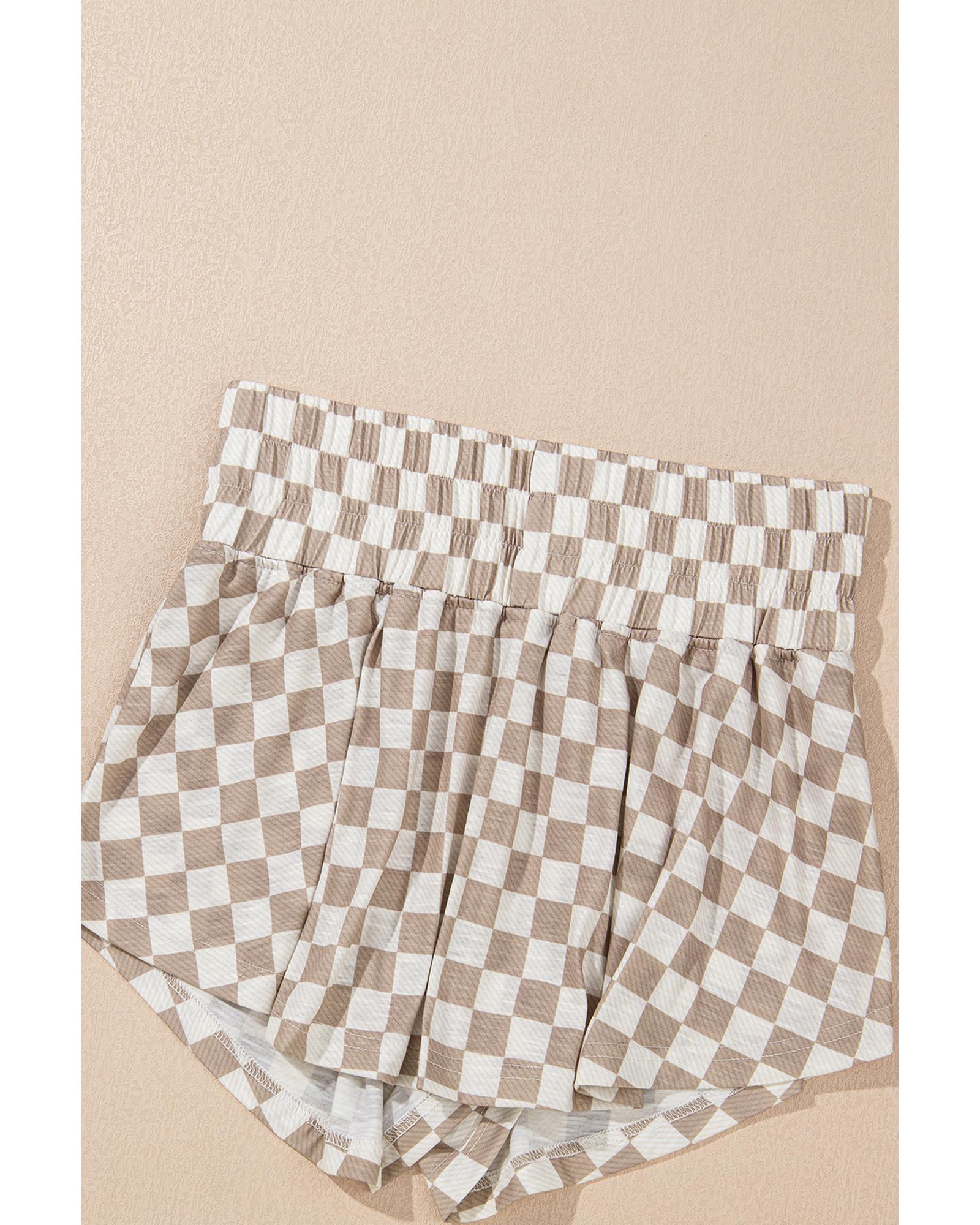 Brown Checkerboard T Shirt and High Waist Skorts 2 Piece Outfit - M