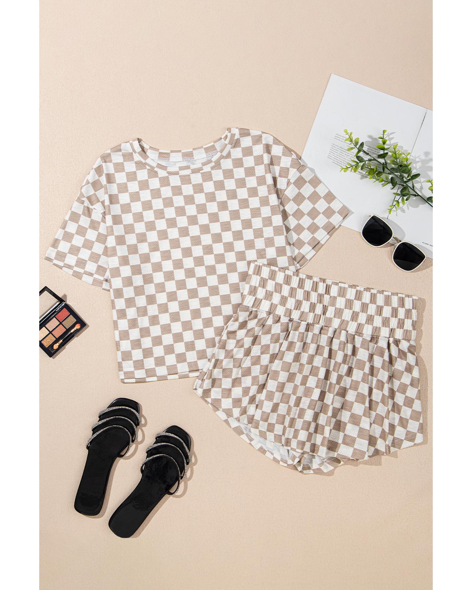 Brown Checkerboard T Shirt and High Waist Skorts 2 Piece Outfit - S
