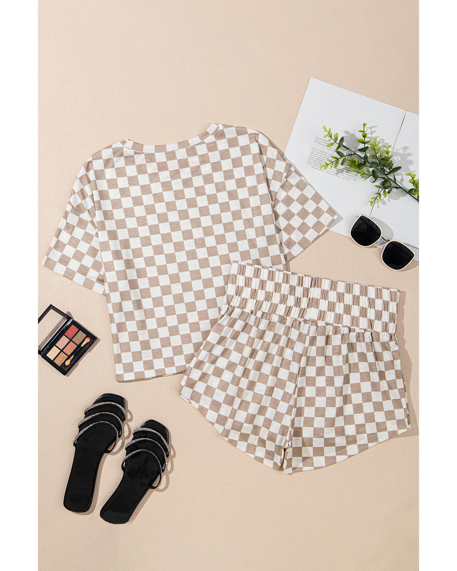 Brown Checkerboard T Shirt and High Waist Skorts 2 Piece Outfit - S