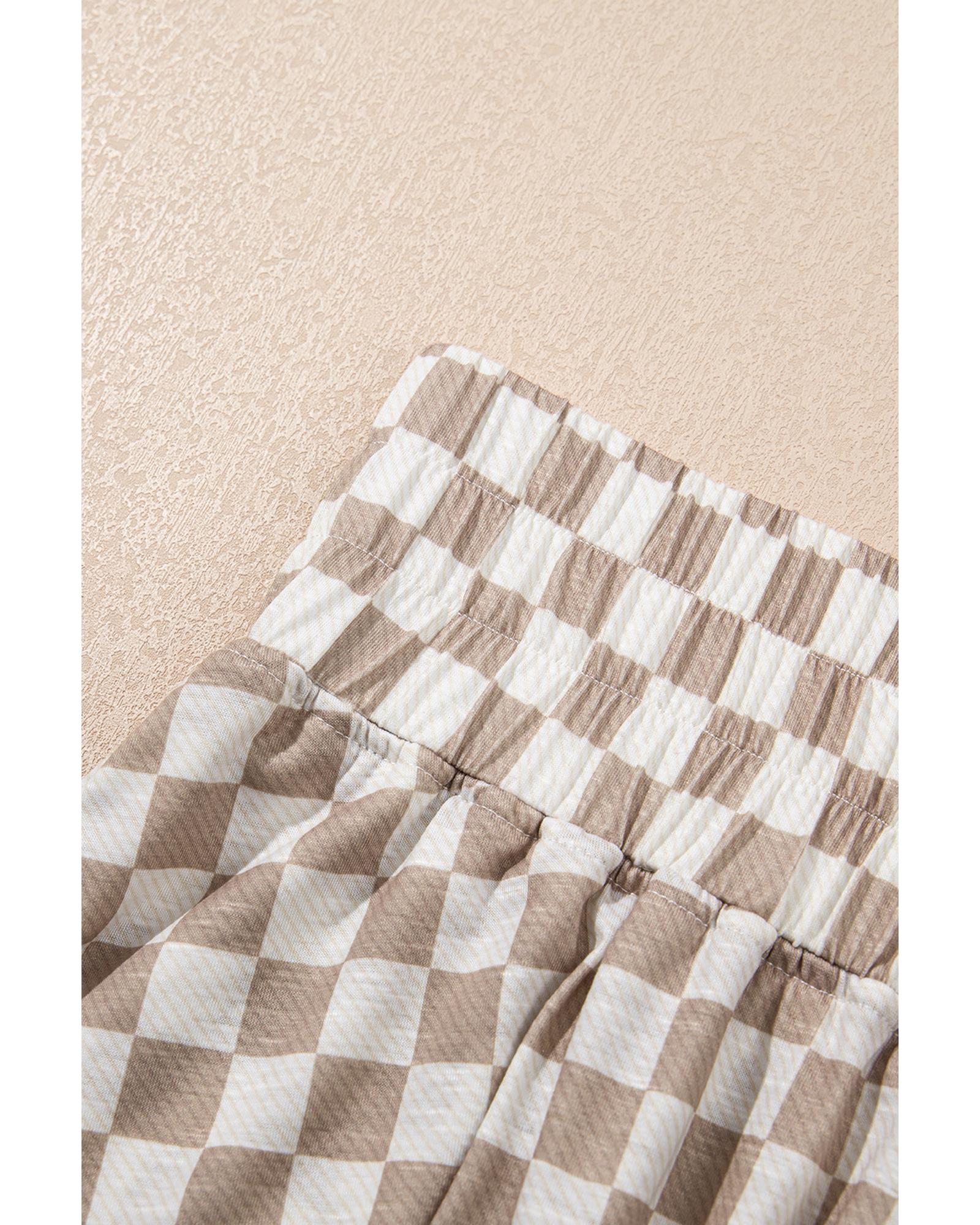 Brown Checkerboard T Shirt and High Waist Skorts 2 Piece Outfit - S