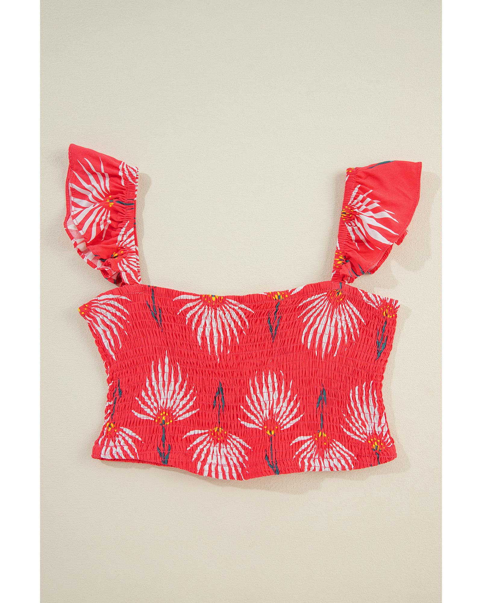 Red Floral Shirred Off Shoulder Crop Top and Slit Maxi Skirt Set - L