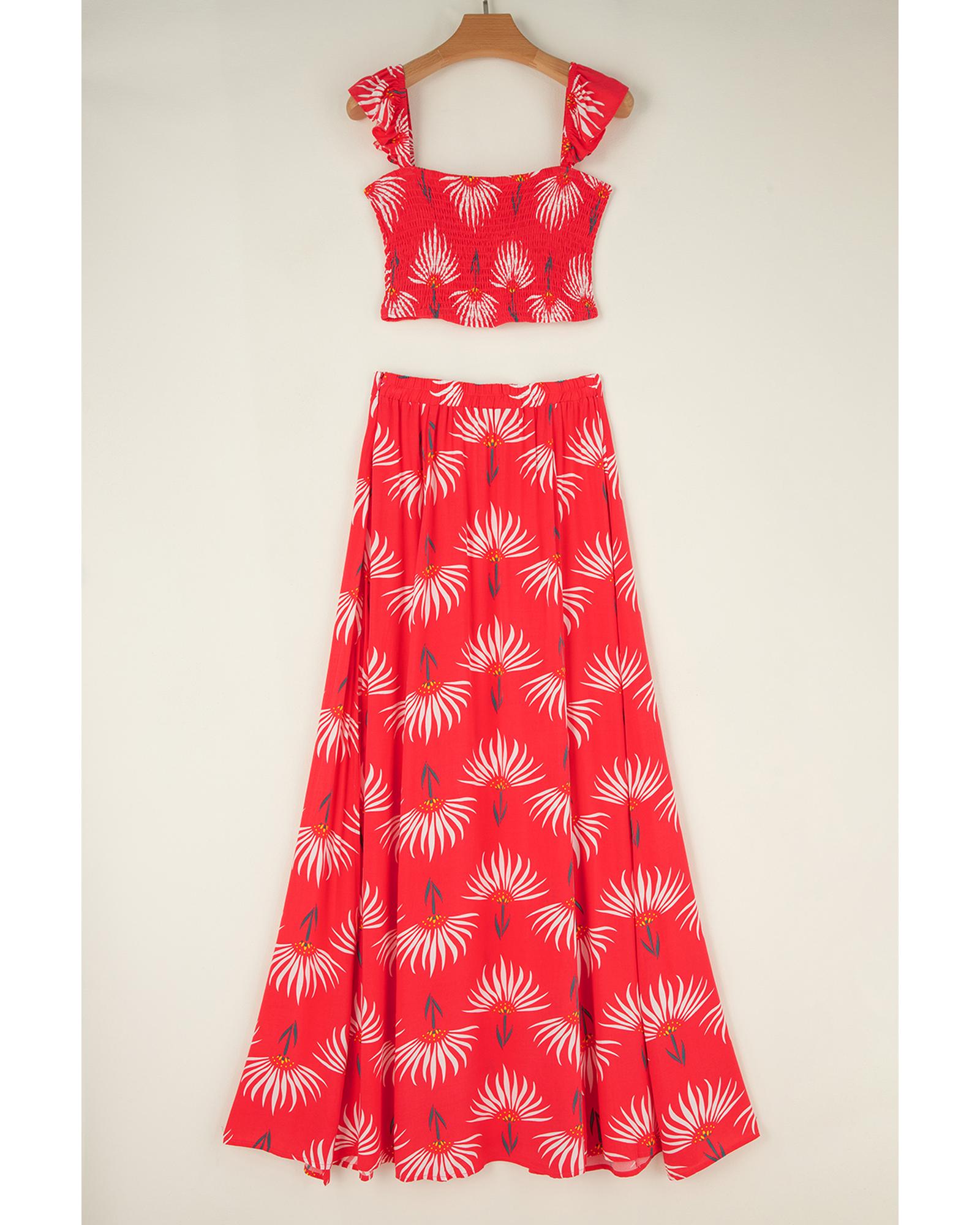 Red Floral Shirred Off Shoulder Crop Top and Slit Maxi Skirt Set - L