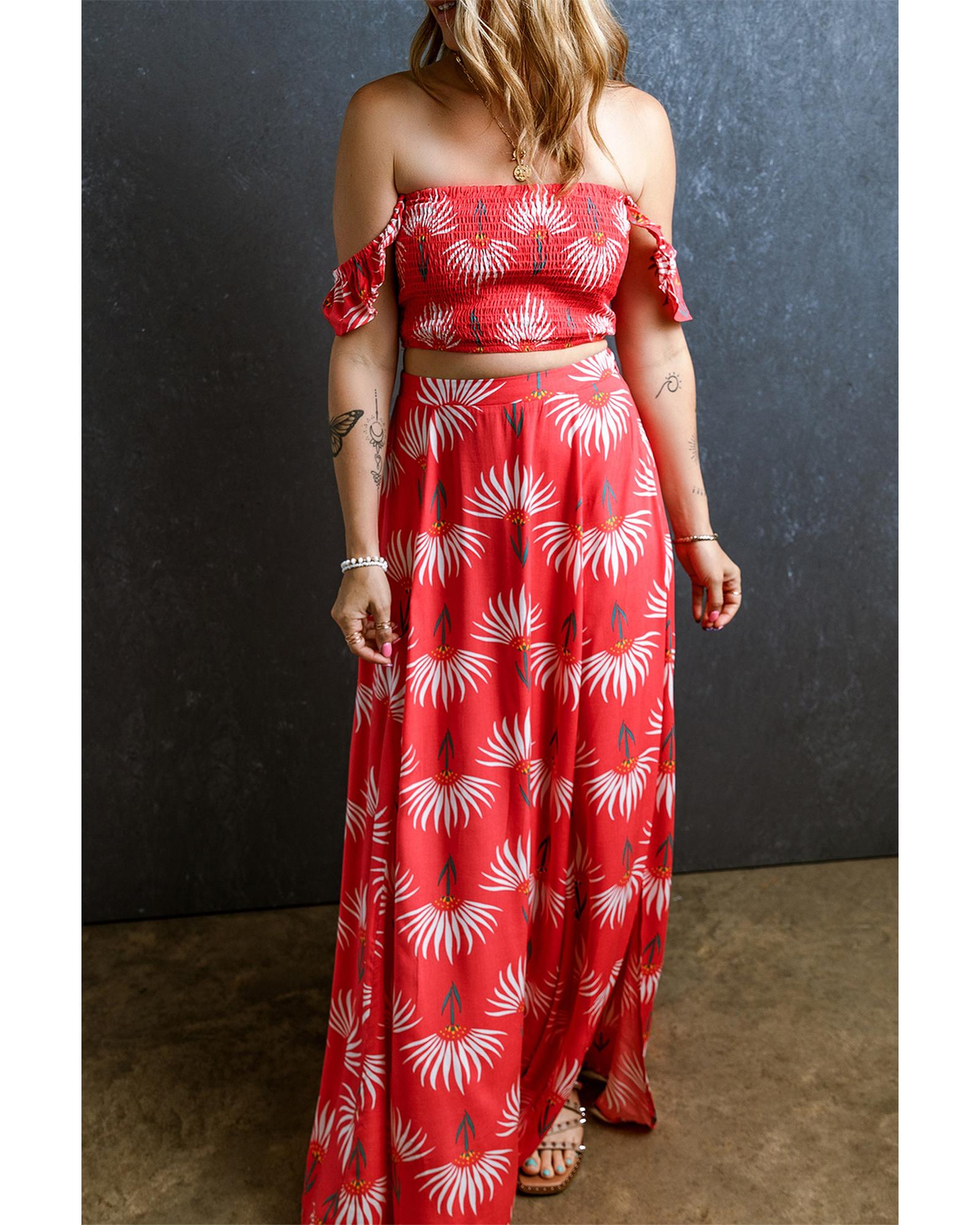 Red Floral Shirred Off Shoulder Crop Top and Slit Maxi Skirt Set - M