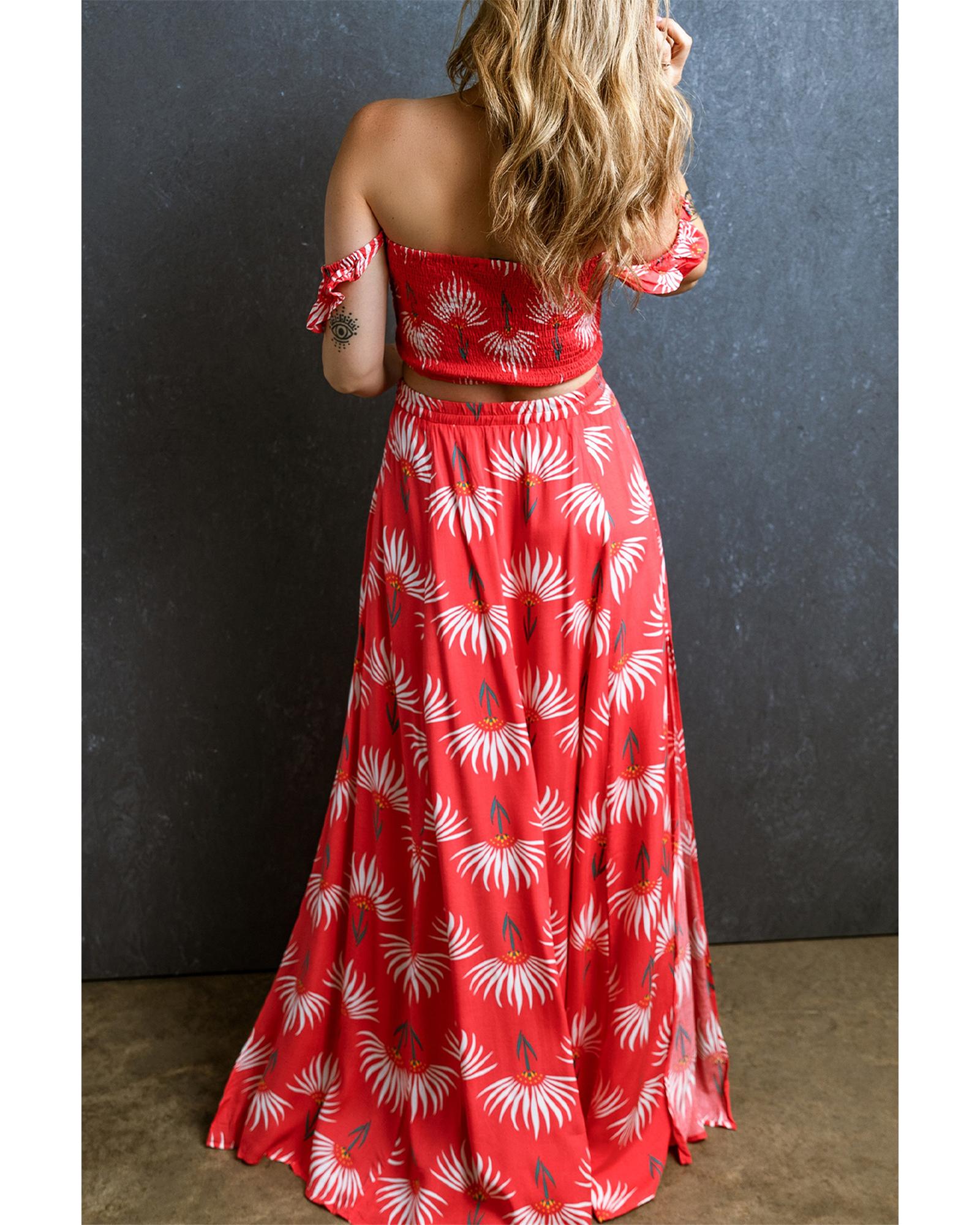 Red Floral Shirred Off Shoulder Crop Top and Slit Maxi Skirt Set - M