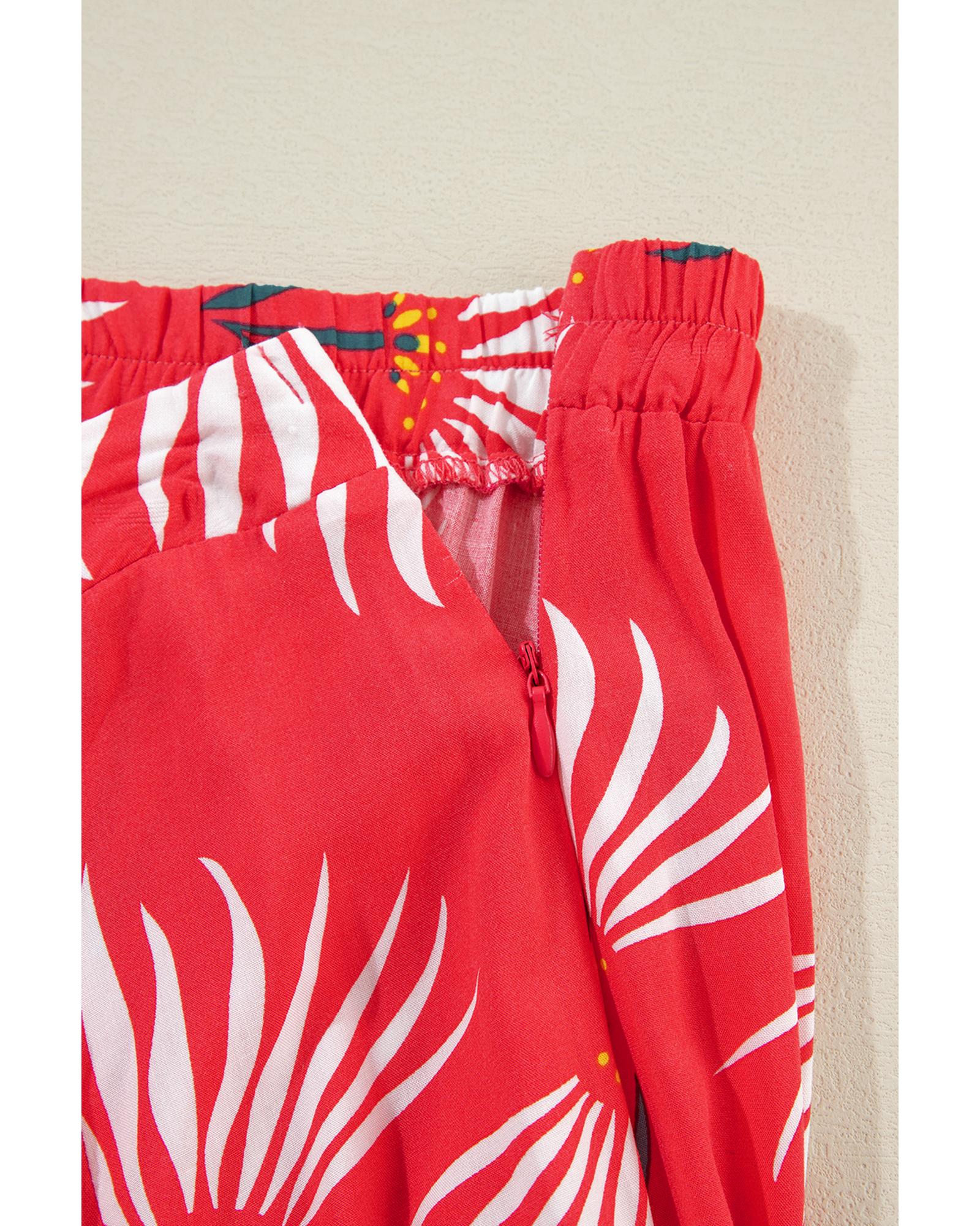 Red Floral Shirred Off Shoulder Crop Top and Slit Maxi Skirt Set - M