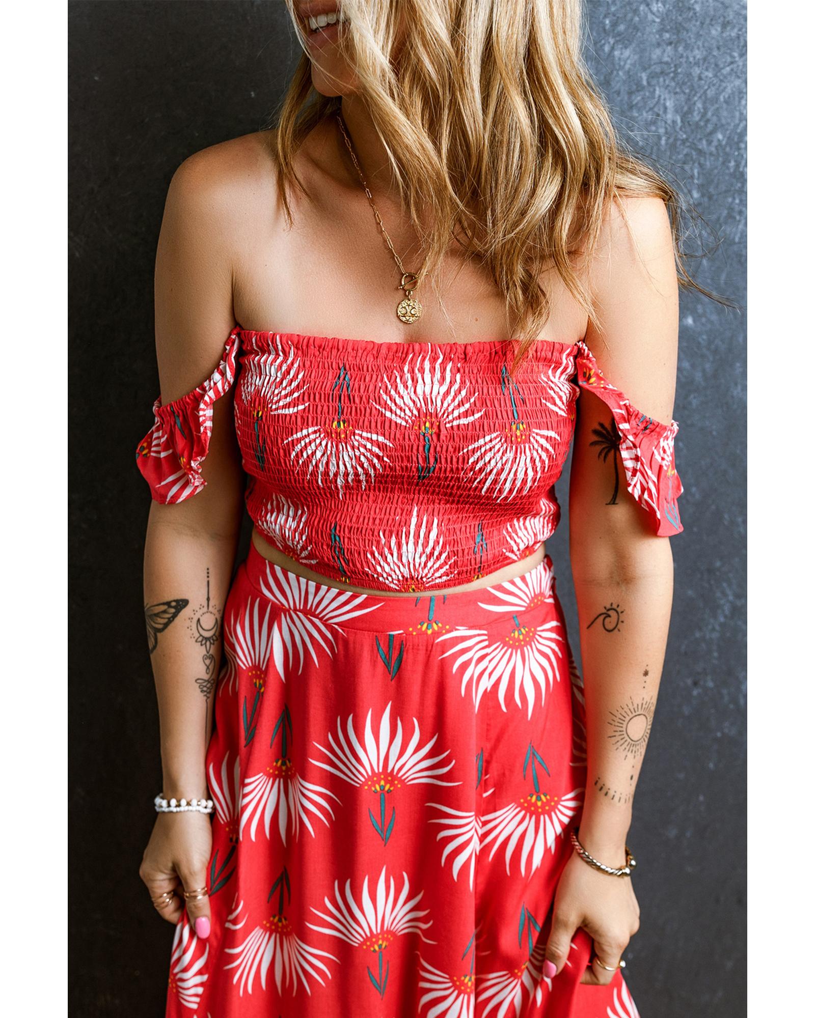 Red Floral Shirred Off Shoulder Crop Top and Slit Maxi Skirt Set - M