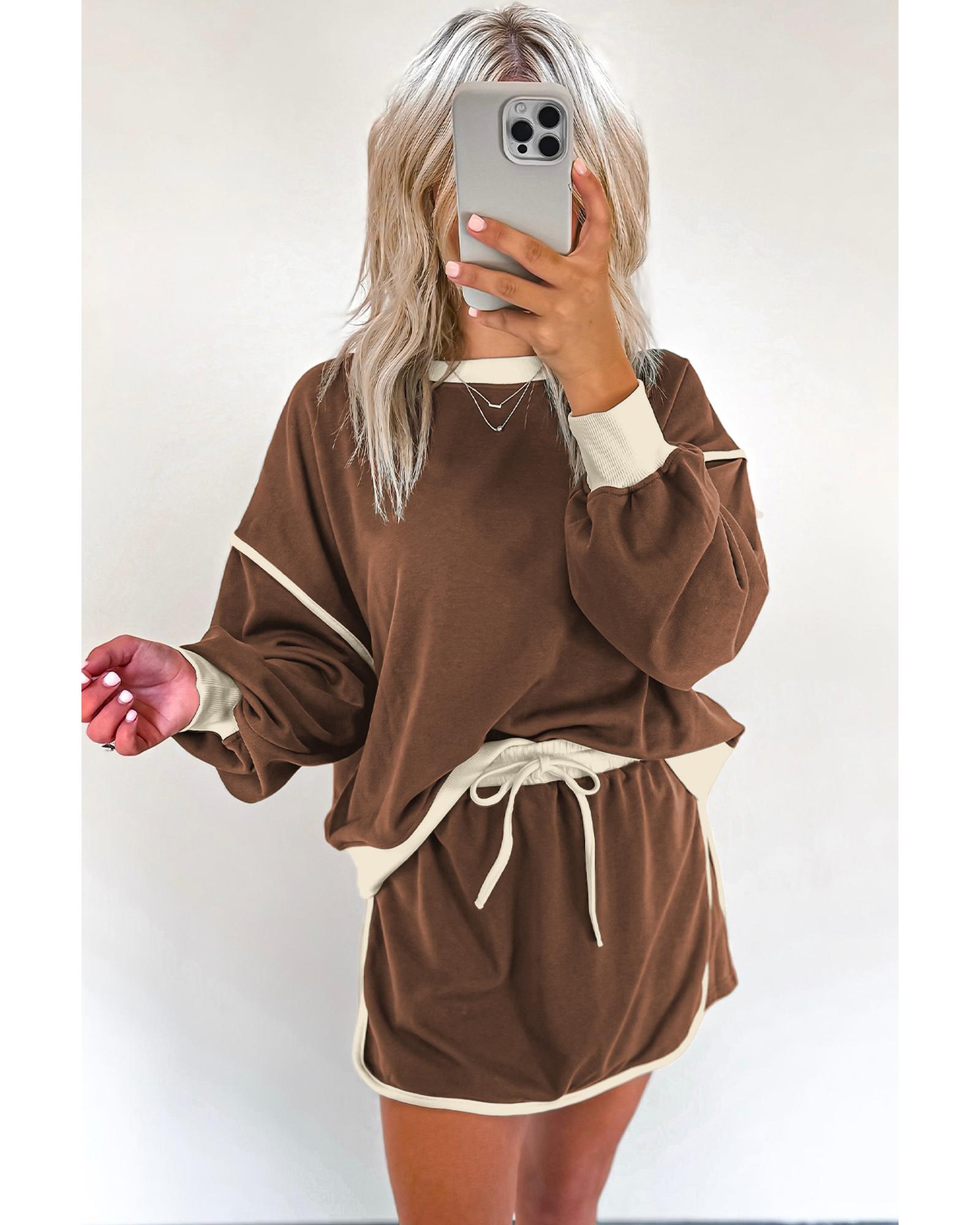 Coffee Color Contrast Loose Pullover and Lace-up Waist Skort Set - L