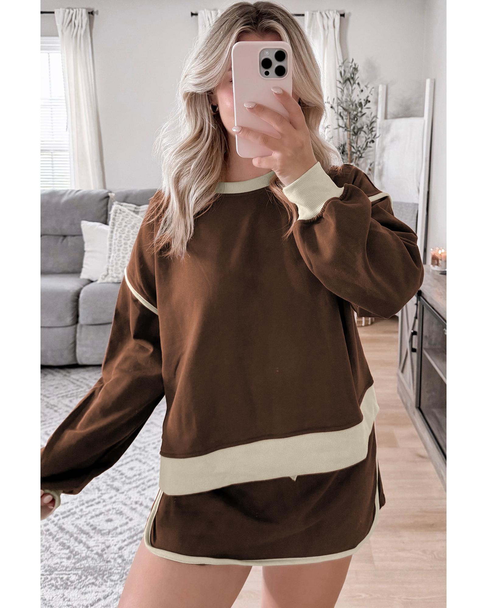 Coffee Color Contrast Loose Pullover and Lace-up Waist Skort Set - L
