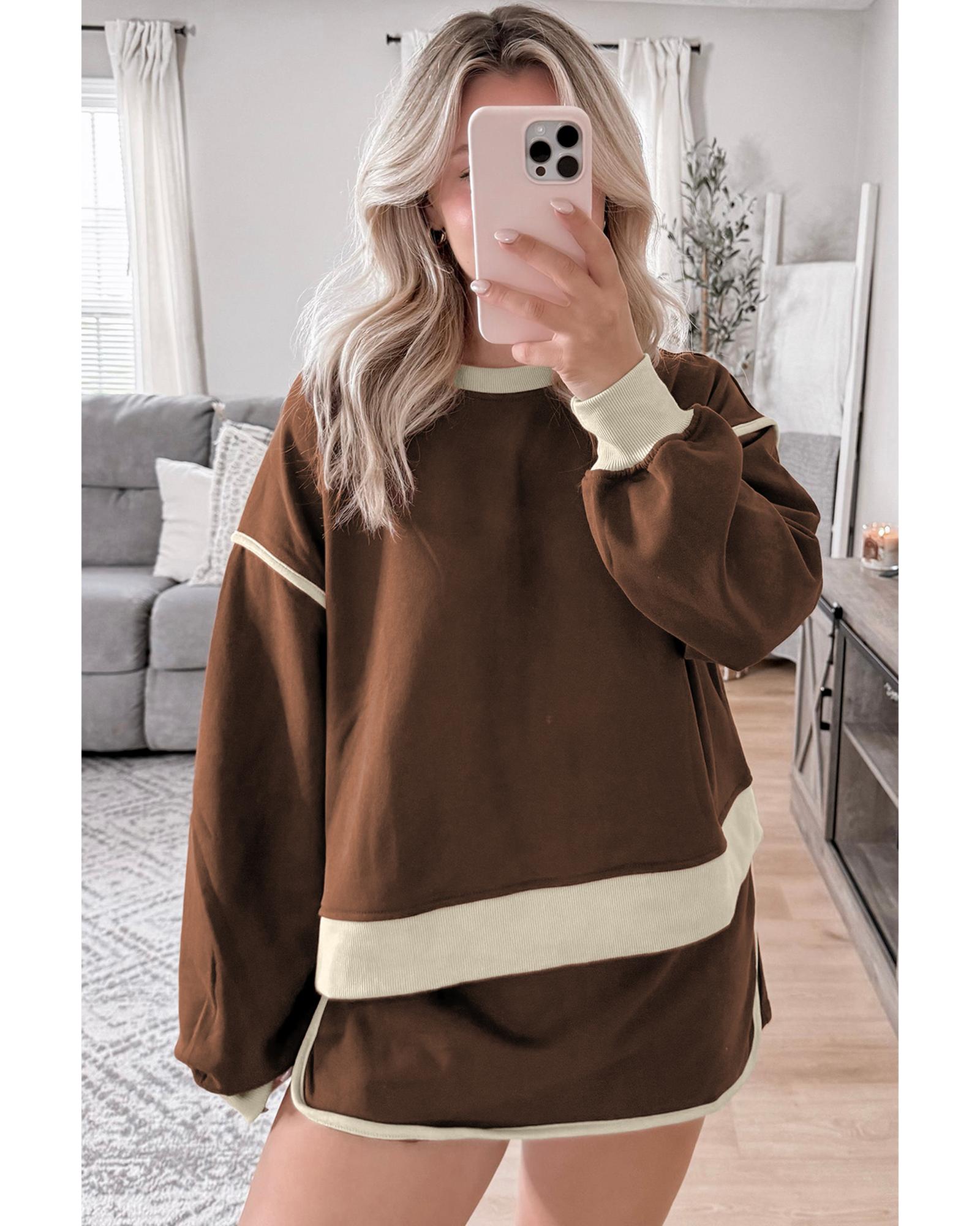 Coffee Color Contrast Loose Pullover and Lace-up Waist Skort Set - L