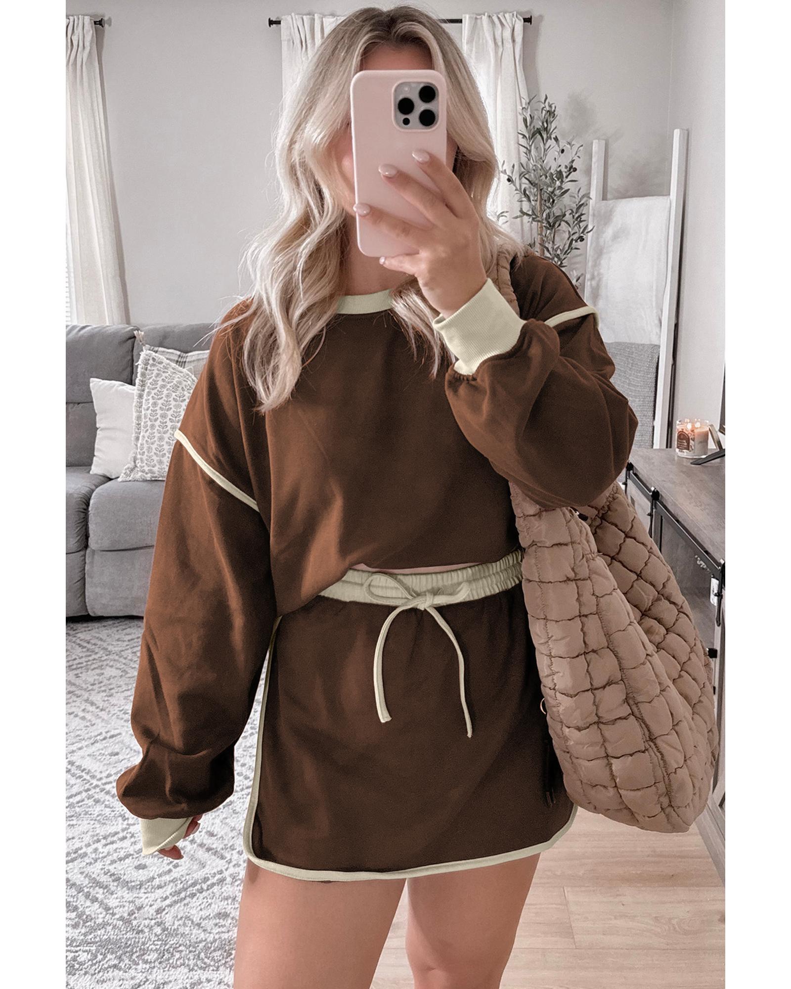 Coffee Color Contrast Loose Pullover and Lace-up Waist Skort Set - L