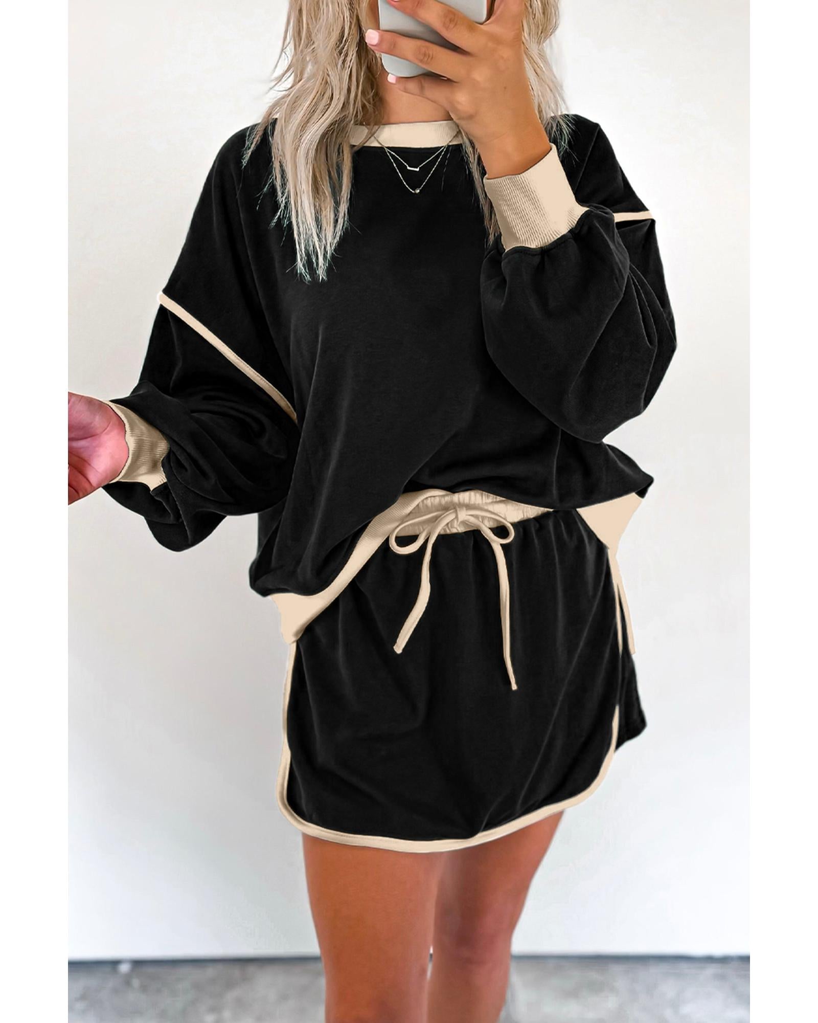 Black Color Contrast Loose Pullover and Lace-up Waist Skort Set - L