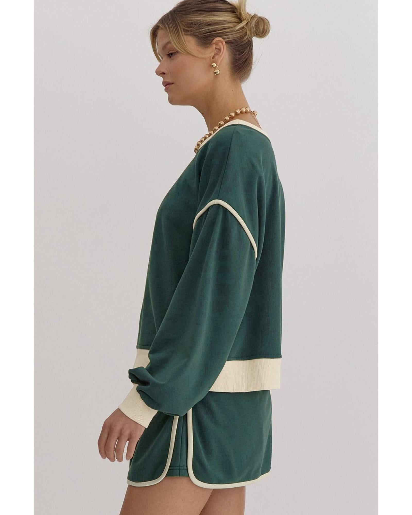 Evergreen Color Contrast Loose Pullover and Lace-up Waist Skort Set - L