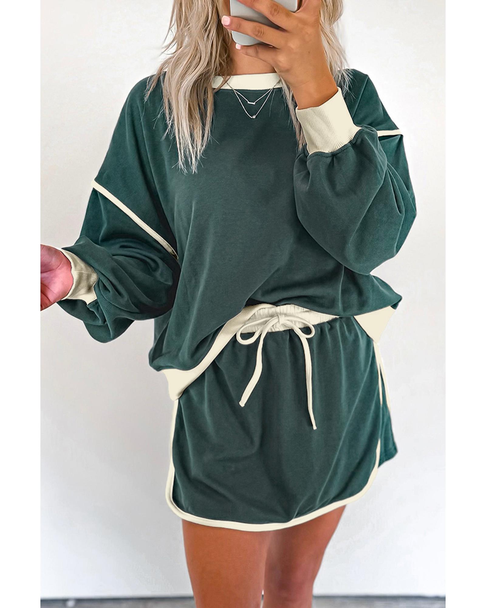 Evergreen Color Contrast Loose Pullover and Lace-up Waist Skort Set - XL