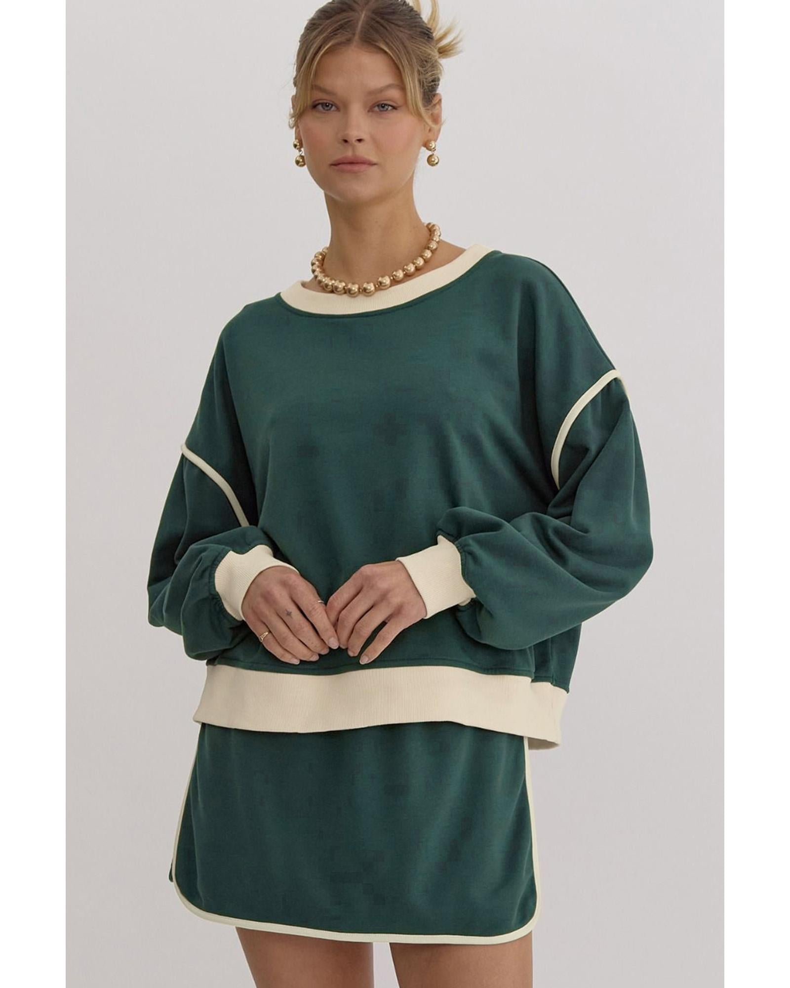 Evergreen Color Contrast Loose Pullover and Lace-up Waist Skort Set - XL