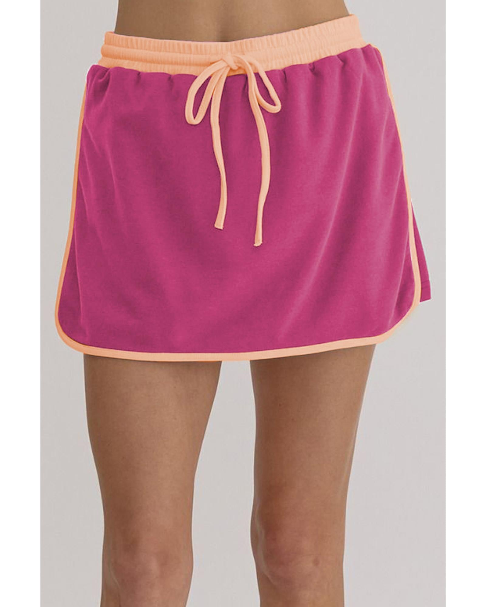 Rose Red Color Contrast Loose Pullover and Lace-up Waist Skort Set - S