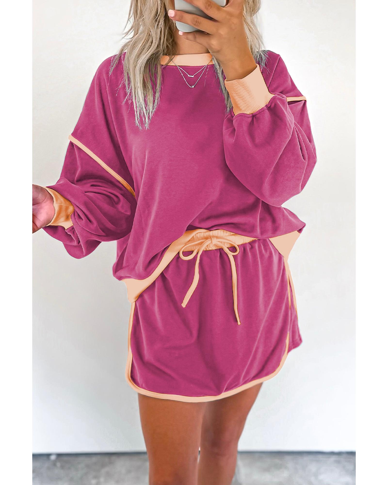 Rose Red Color Contrast Loose Pullover and Lace-up Waist Skort Set - XL