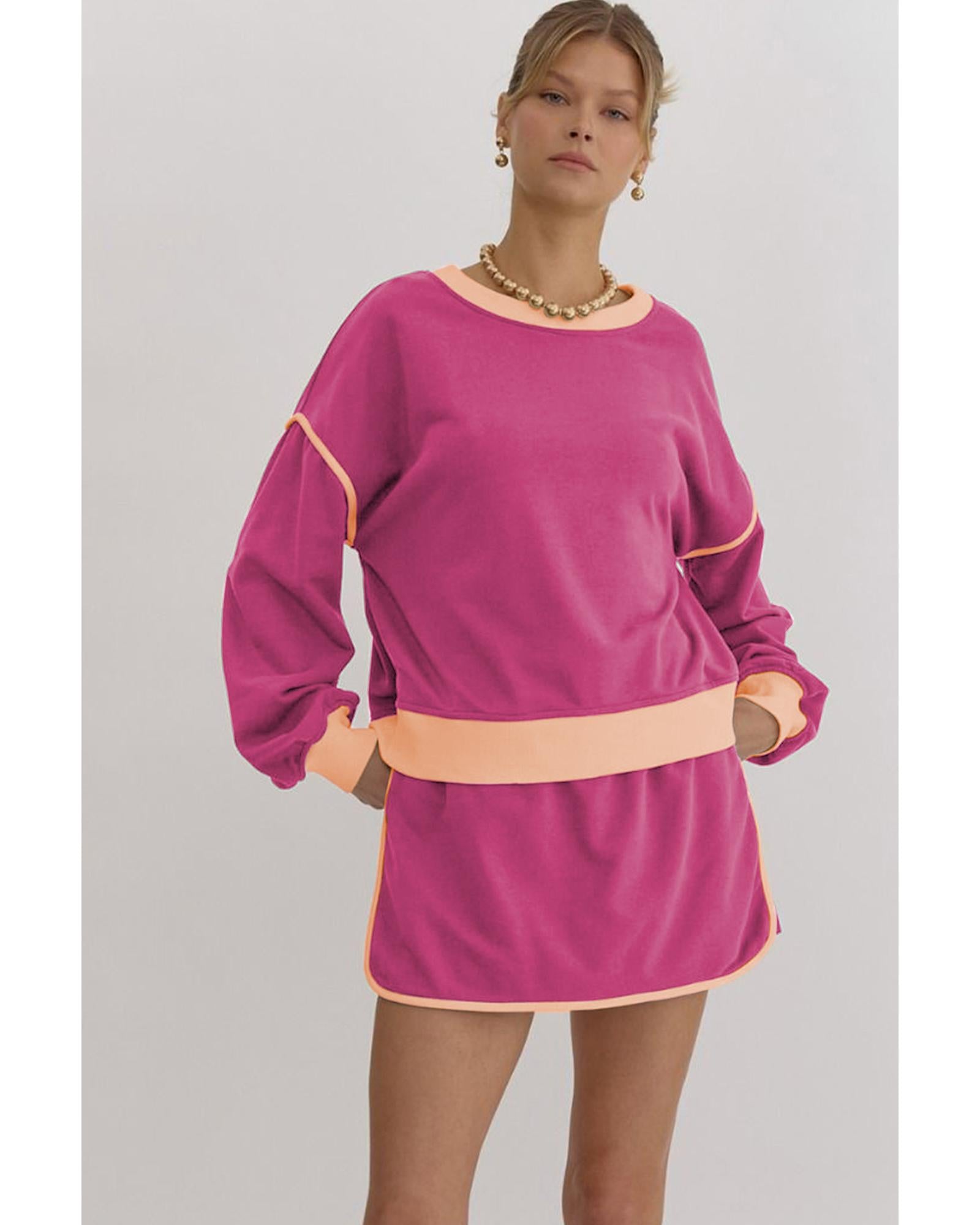 Rose Red Color Contrast Loose Pullover and Lace-up Waist Skort Set - XL