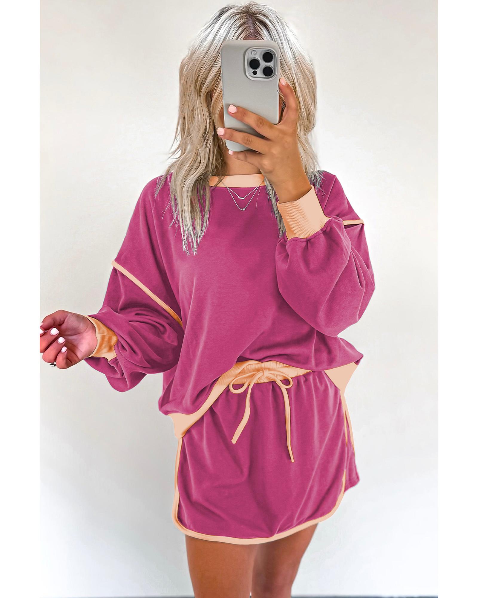 Rose Red Color Contrast Loose Pullover and Lace-up Waist Skort Set - XL