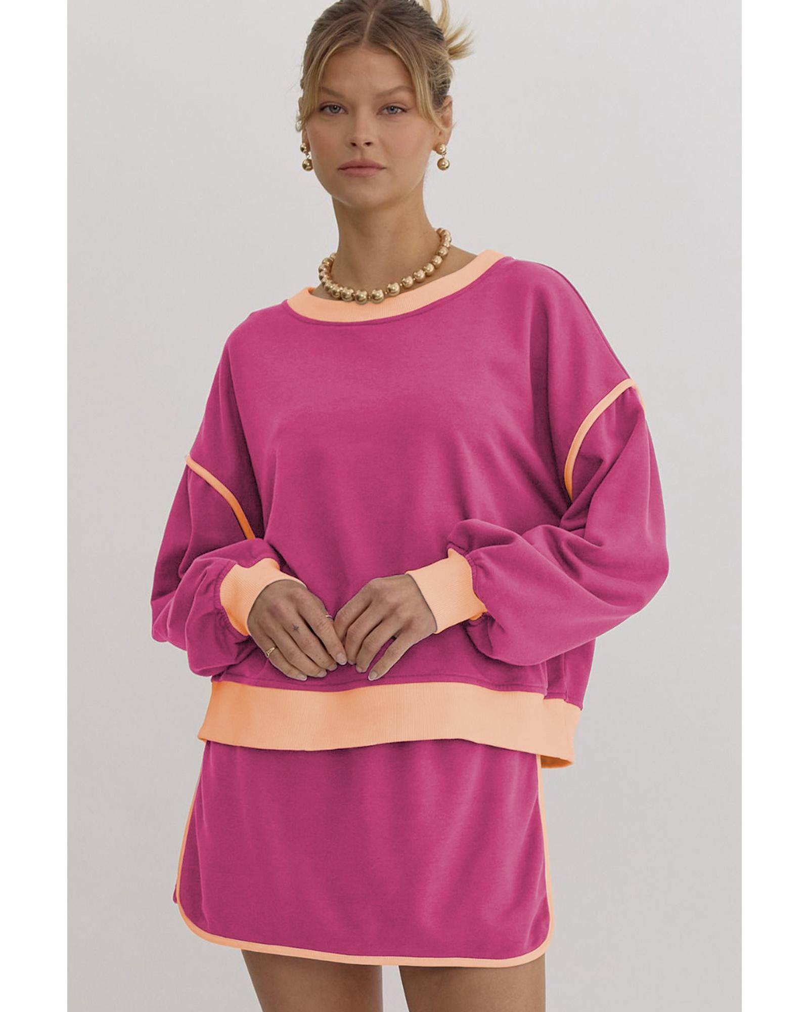 Rose Red Color Contrast Loose Pullover and Lace-up Waist Skort Set - XL