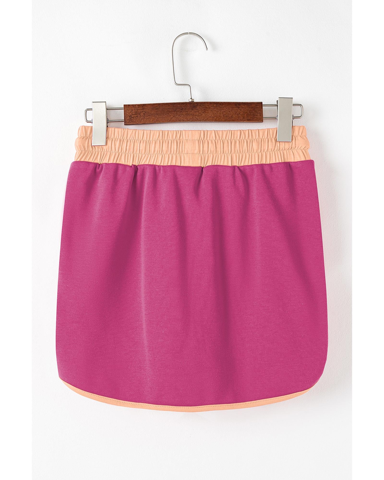 Rose Red Color Contrast Loose Pullover and Lace-up Waist Skort Set - XL