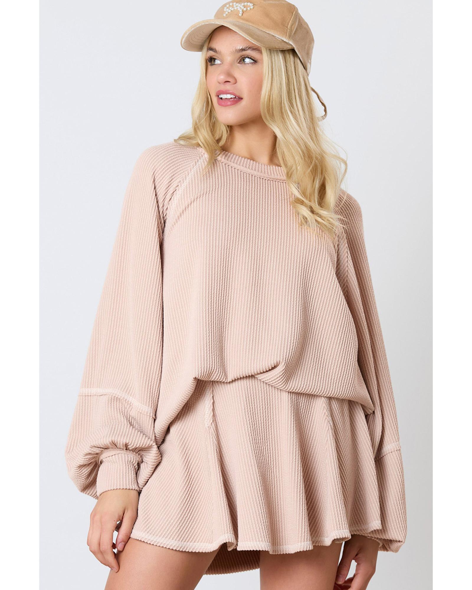 Jet Stream Corded Lantern Sleeve Top High Waist Ruffled Mini Skirt Set - L