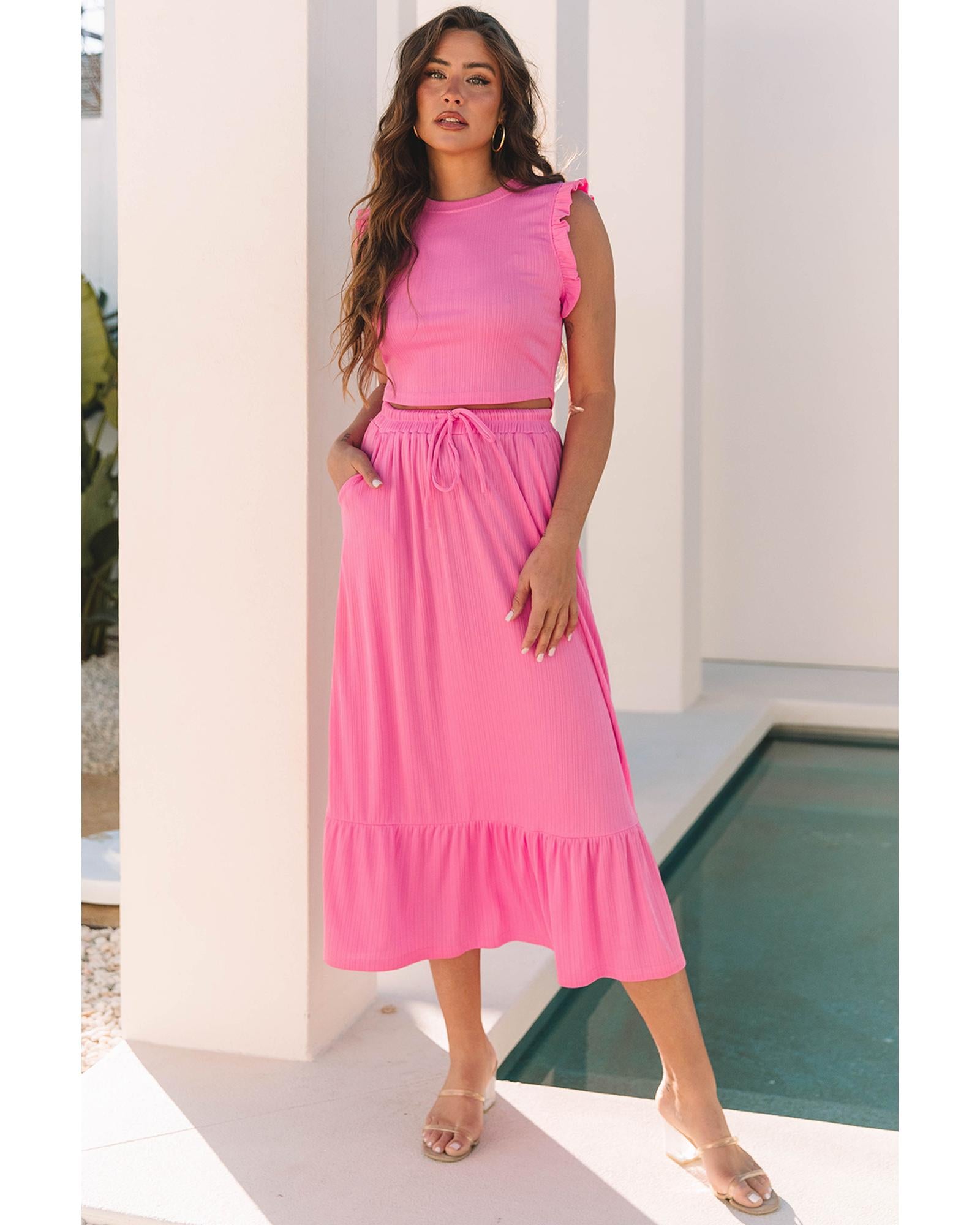 Bonbon Textured Ruffle Trim Crop Vest Lace-up Long Skirt Set - M