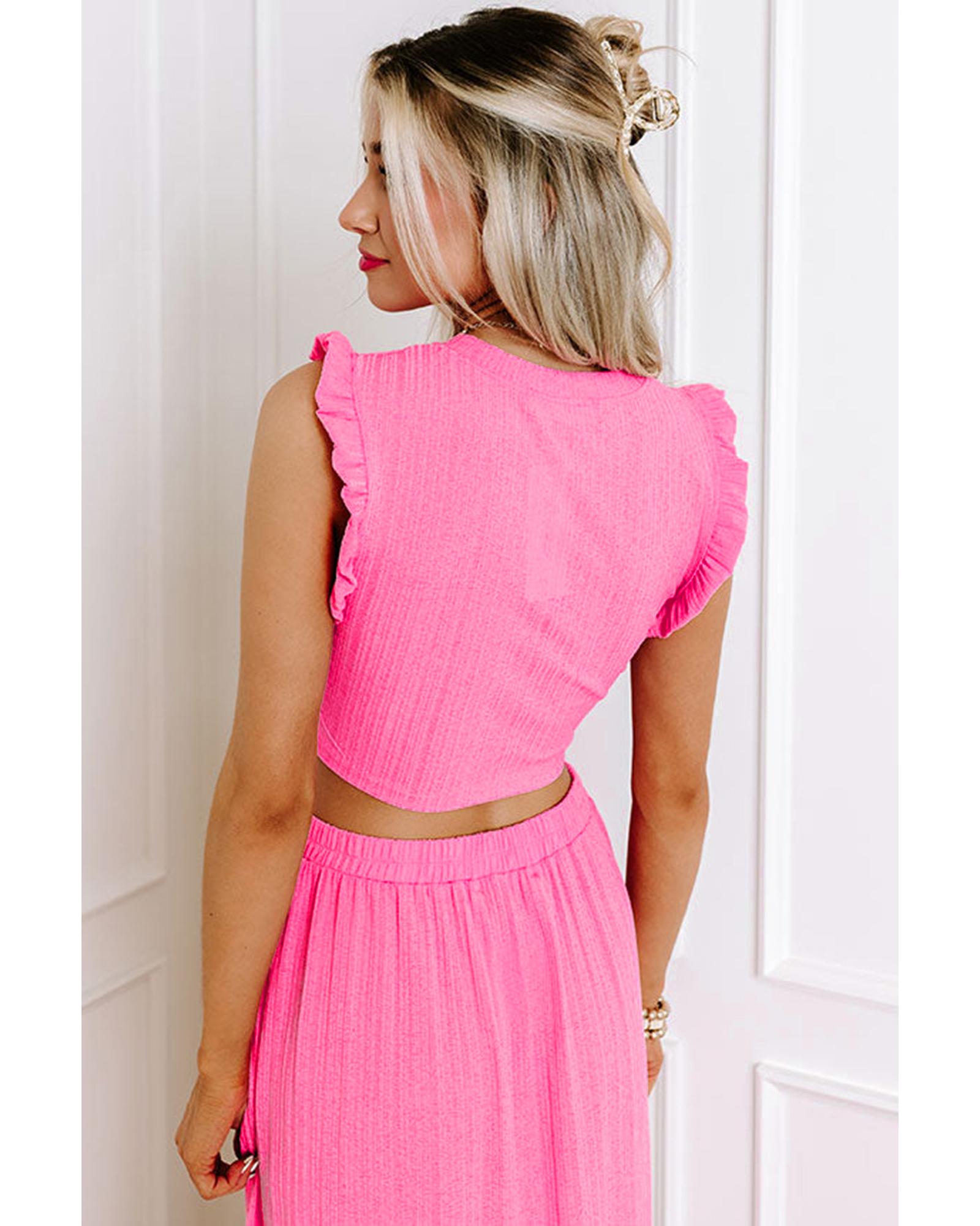 Bonbon Textured Ruffle Trim Crop Vest Lace-up Long Skirt Set - XL