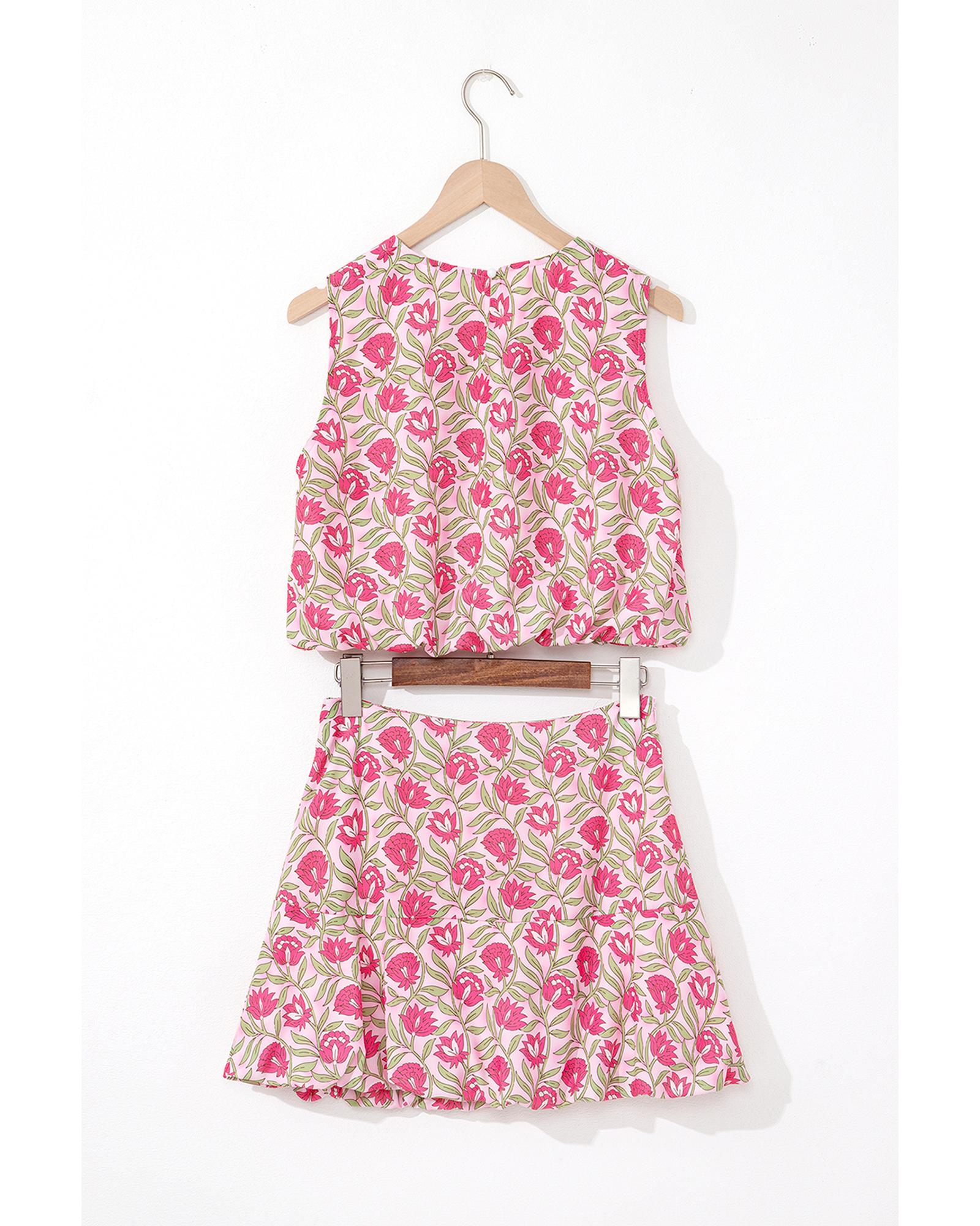 Pink Floral Print Puffy Cropped Tank and Mini Skirt Set - L