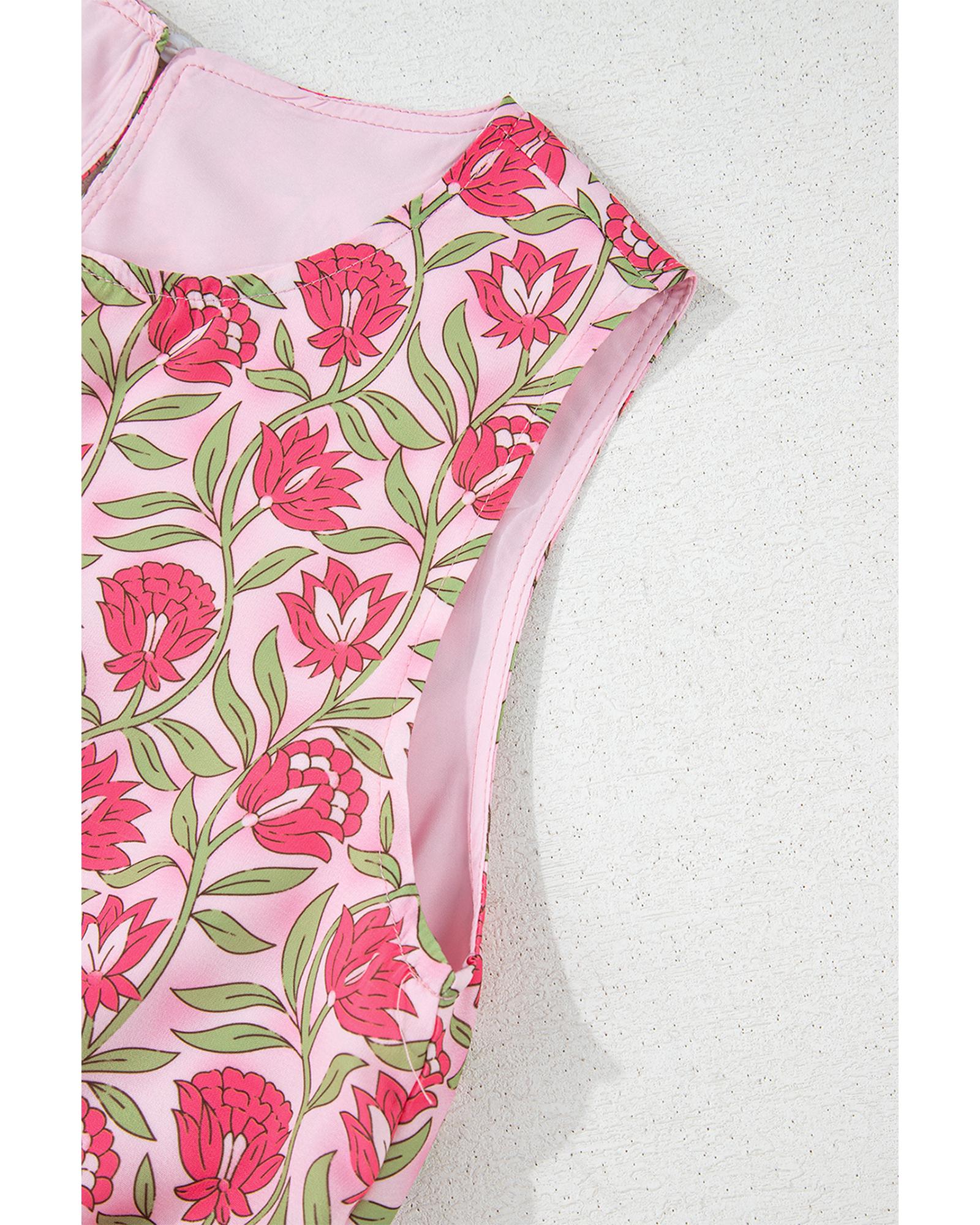 Pink Floral Print Puffy Cropped Tank and Mini Skirt Set - L