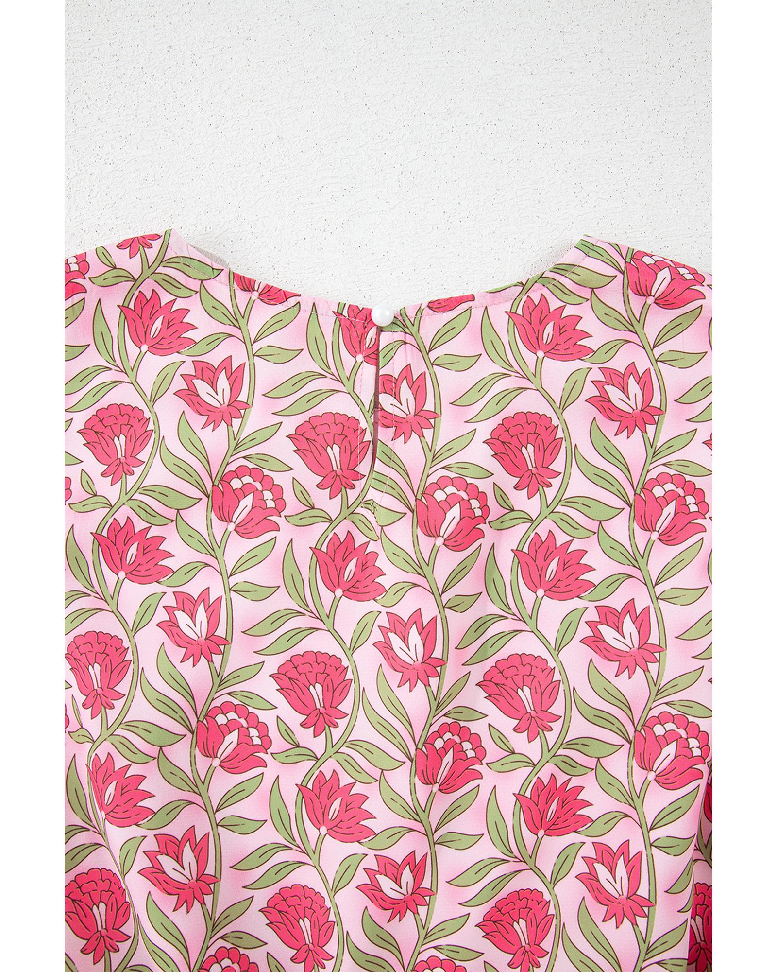 Pink Floral Print Puffy Cropped Tank and Mini Skirt Set - L