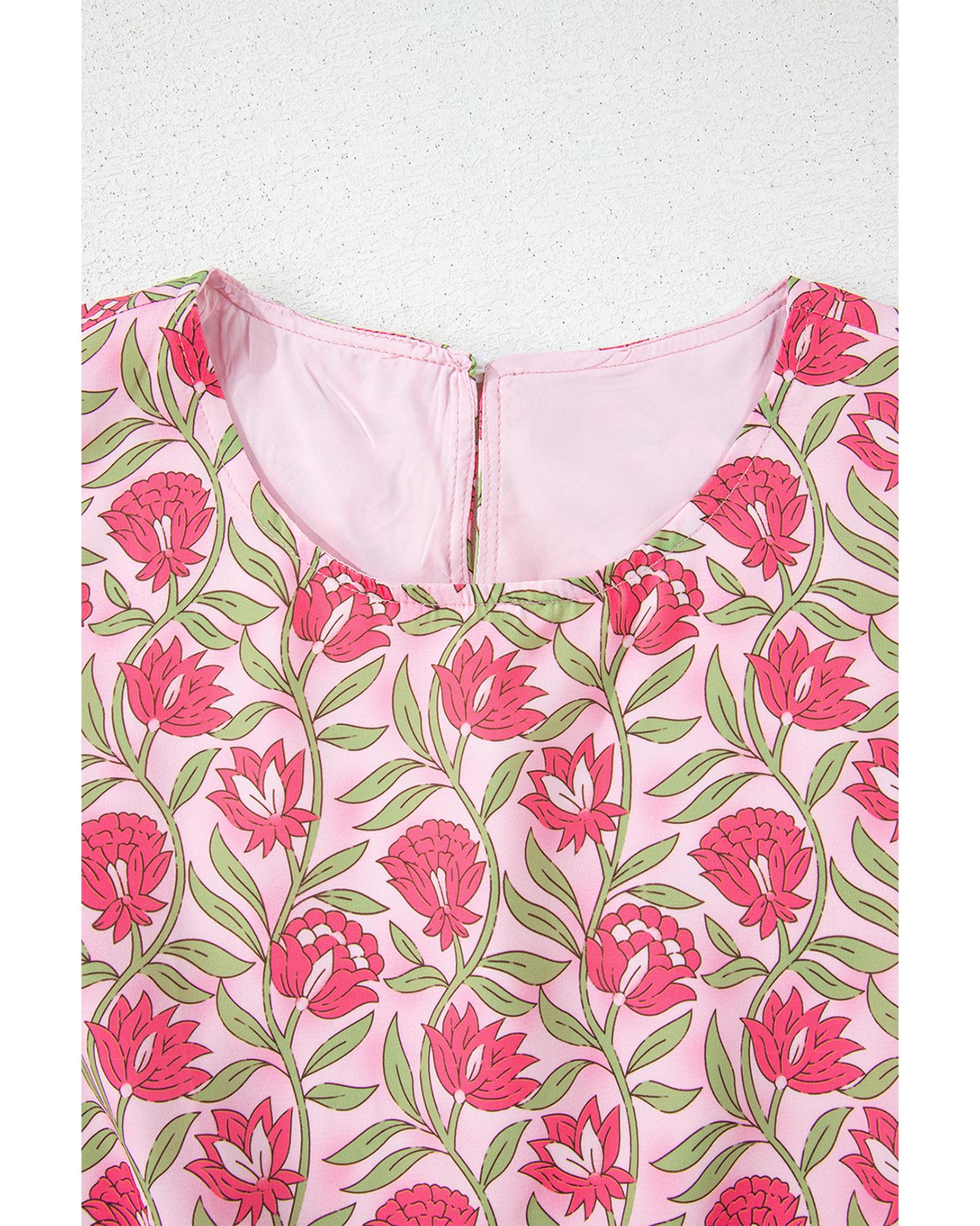 Pink Floral Print Puffy Cropped Tank and Mini Skirt Set - XL